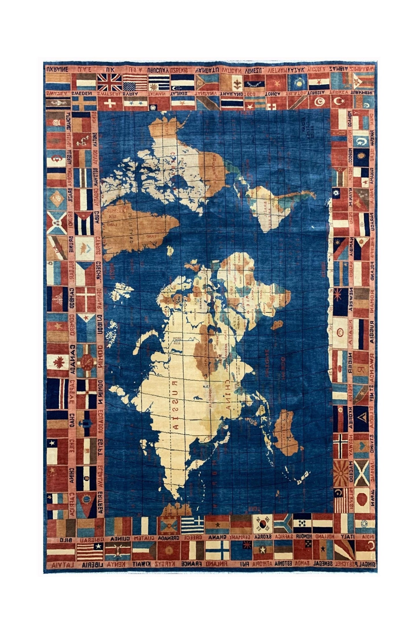 A handmade Afghan Chobi rug featuring a world map design with a border of international flags.