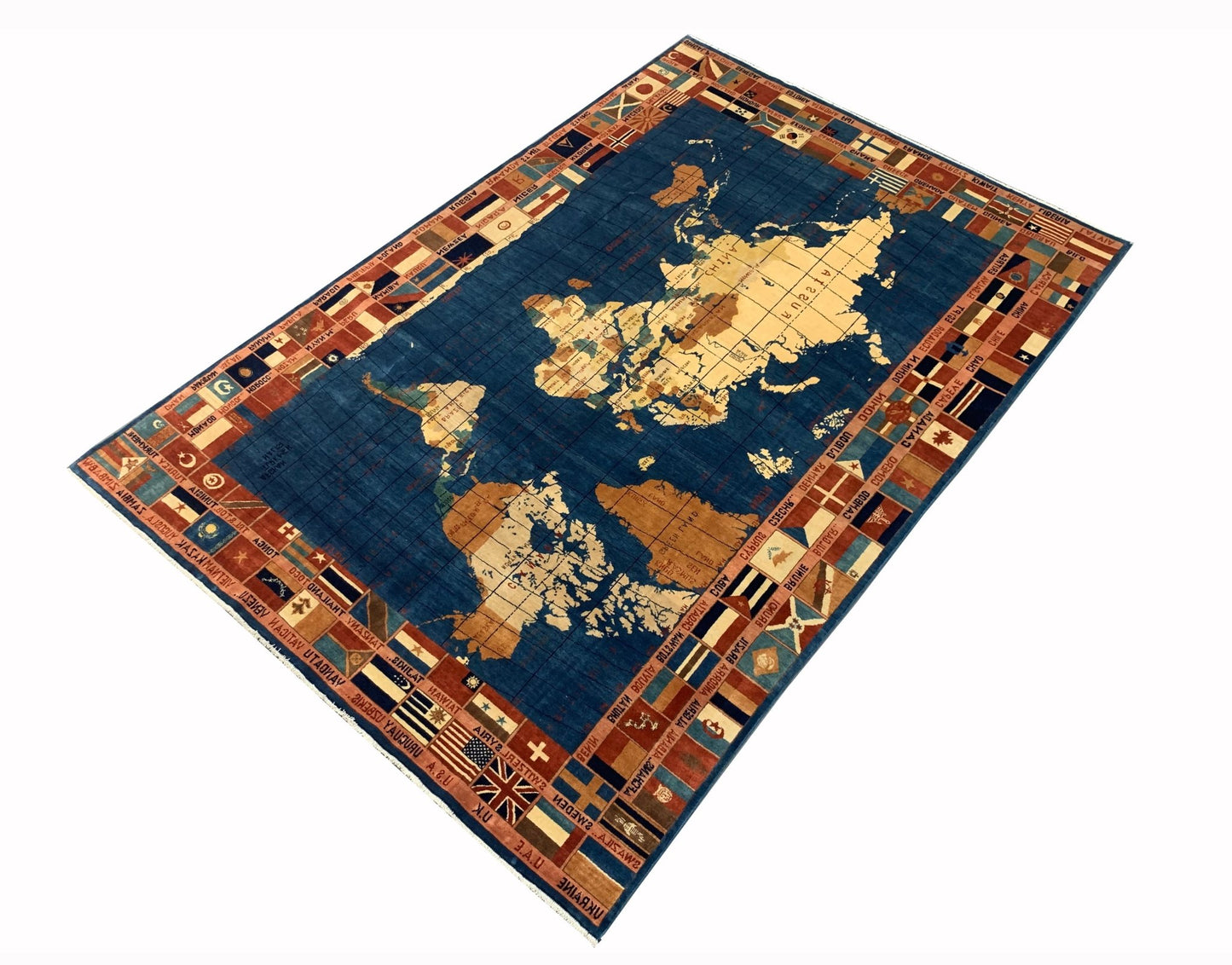 An Afghan Chobi rug featuring a world map design with a border of international flags.