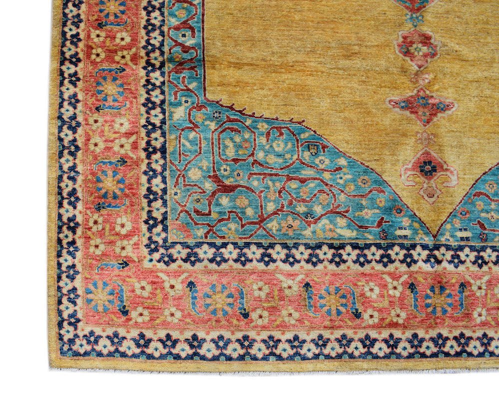 An Afghan Balkh rug featuring a golden yellow field with intricate blue and red floral patterns.