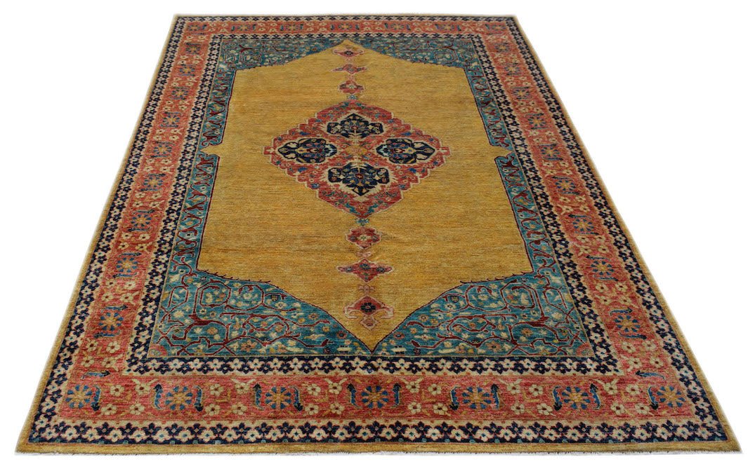 Handmade Afghan Balkh rug featuring a central medallion on a golden yellow field with blue borders.