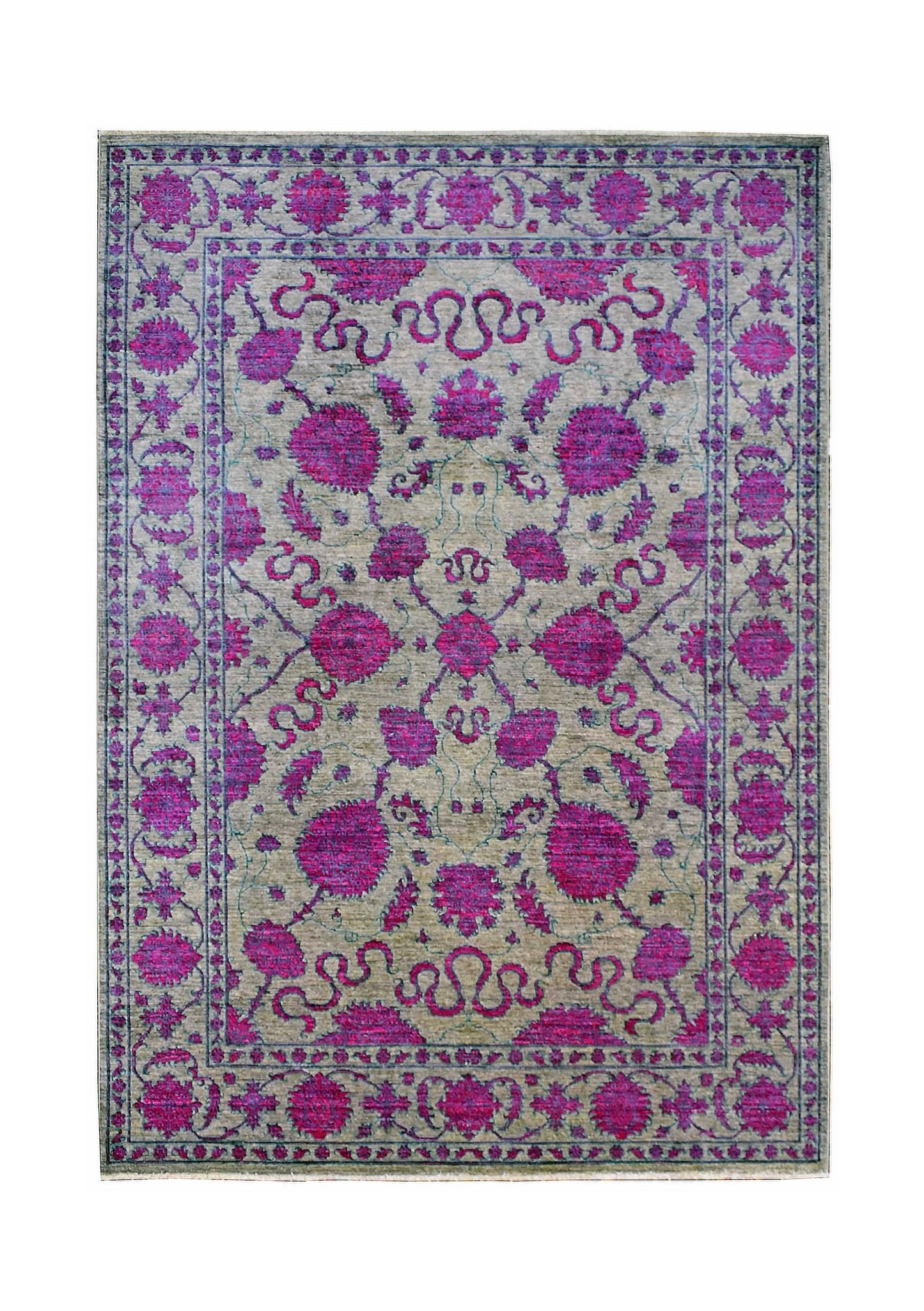 Handwoven Afghan Chobi rug featuring a traditional floral pattern in vibrant pink on a grey base.