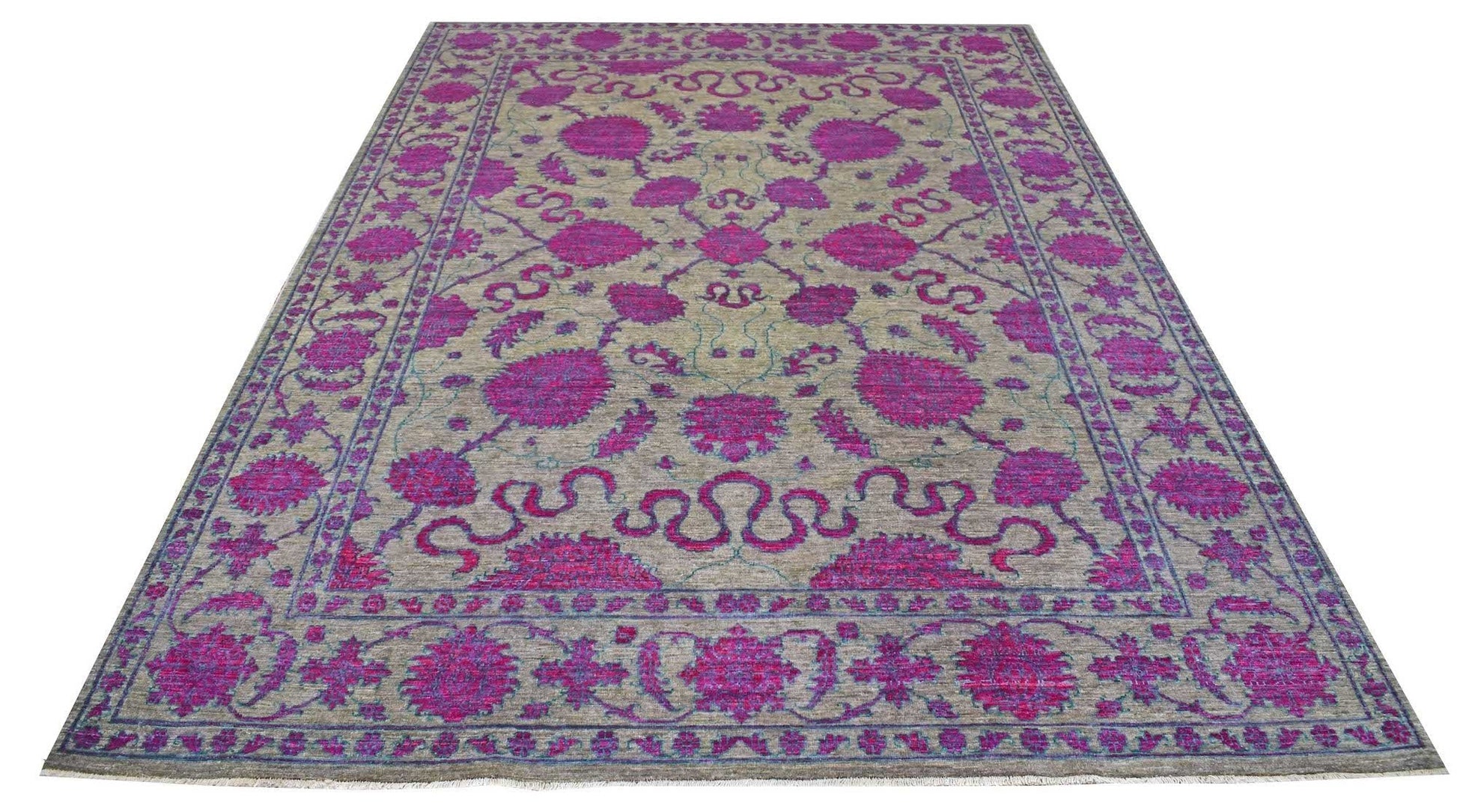 A rectangular Afghan Chobi rug featuring a floral pattern in vibrant magenta on a beige background.