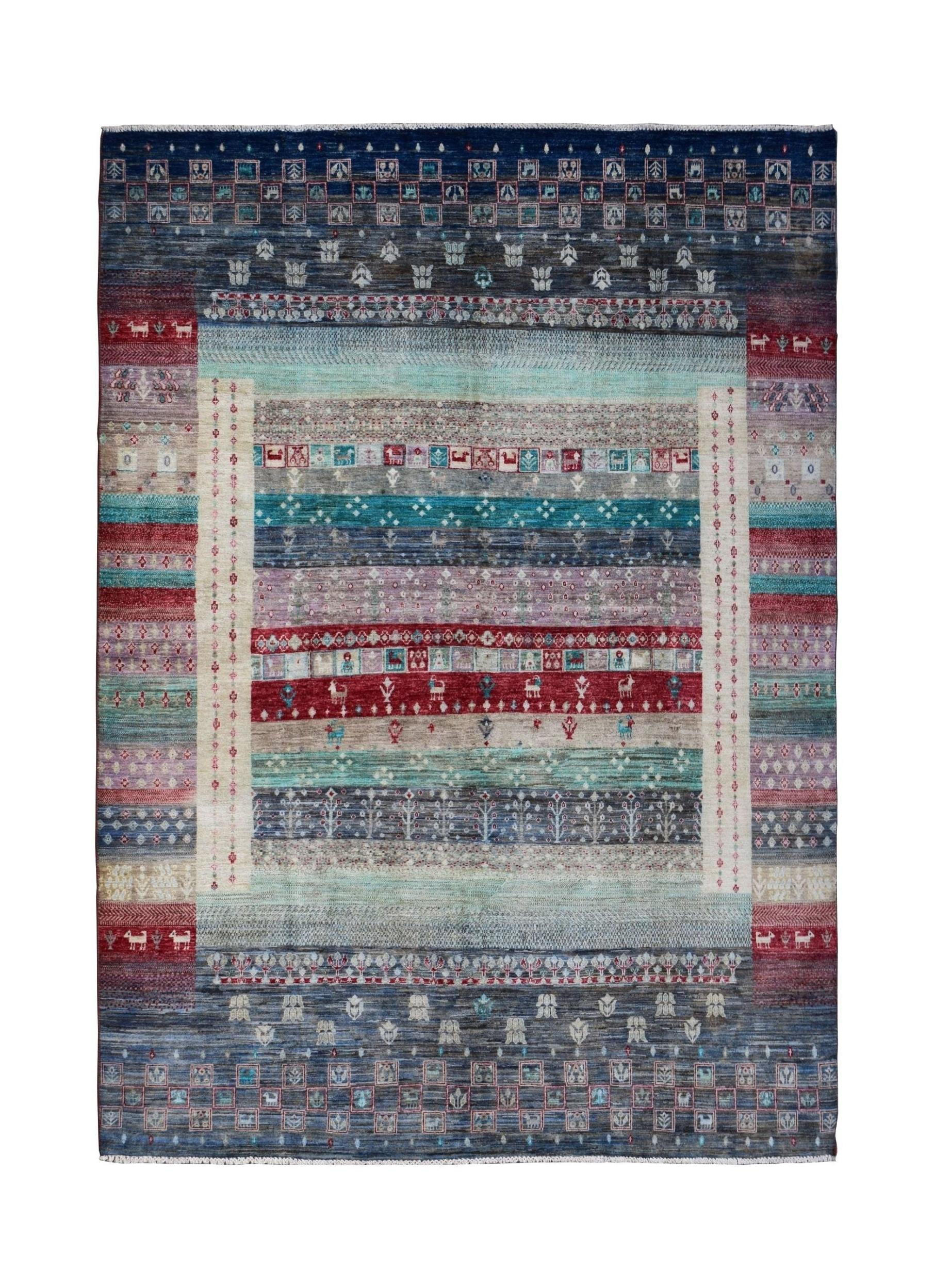 Handmade Afghan Chobi rug featuring a multi-colored striped pattern with intricate tribal motifs.