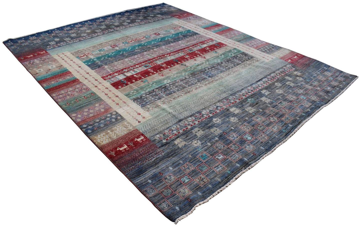 A handmade Afghan Chobi rug featuring a multi-colored striped pattern with traditional motifs.