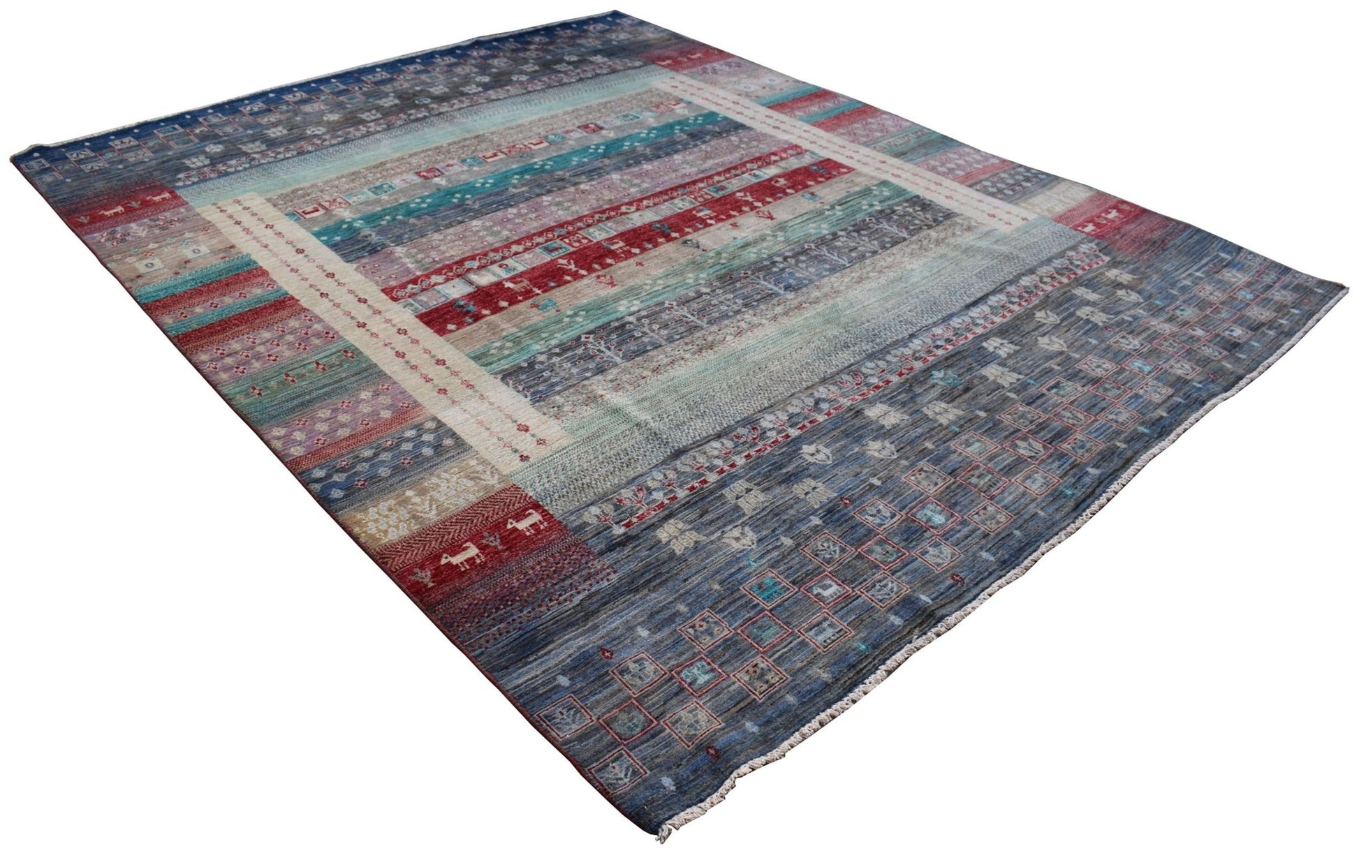 A handmade Afghan Chobi rug featuring a multi-colored striped pattern with traditional motifs.