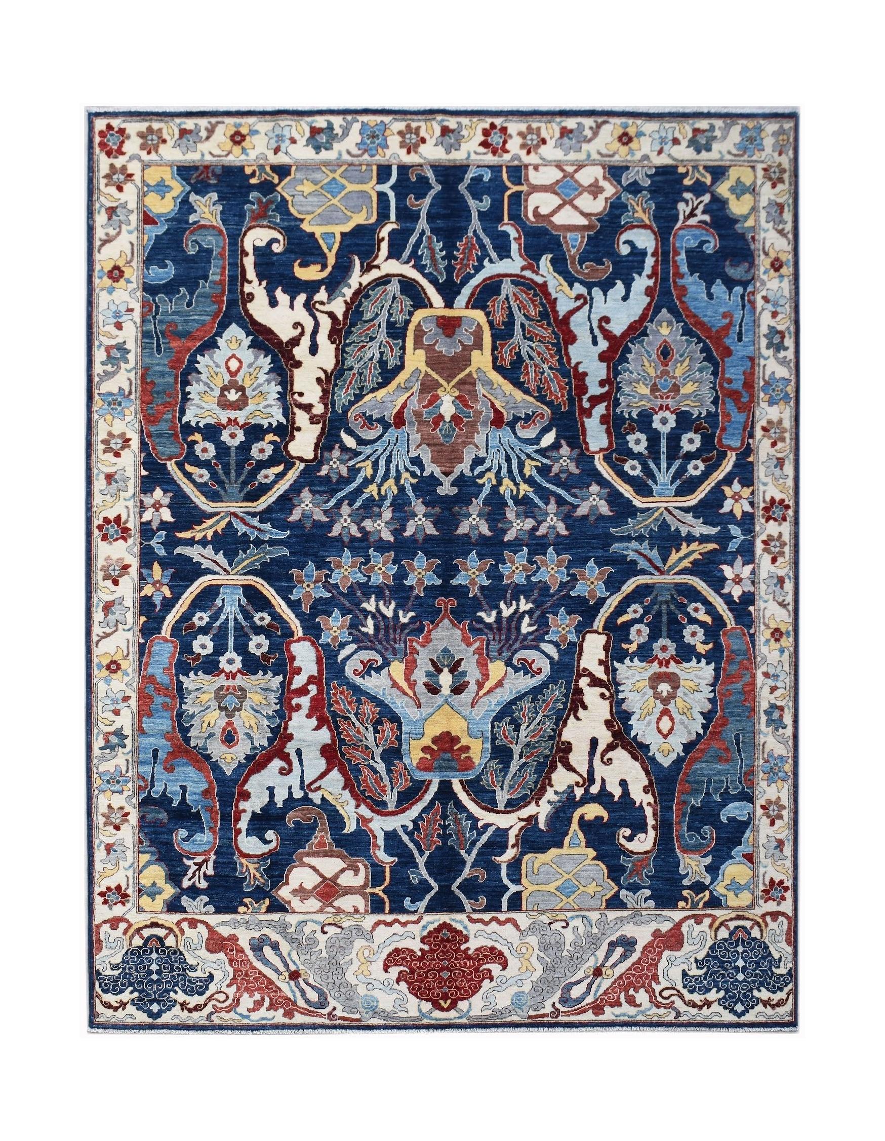 Handwoven Afghan Chobi rug featuring a traditional Bidjar floral pattern in blue and red tones.