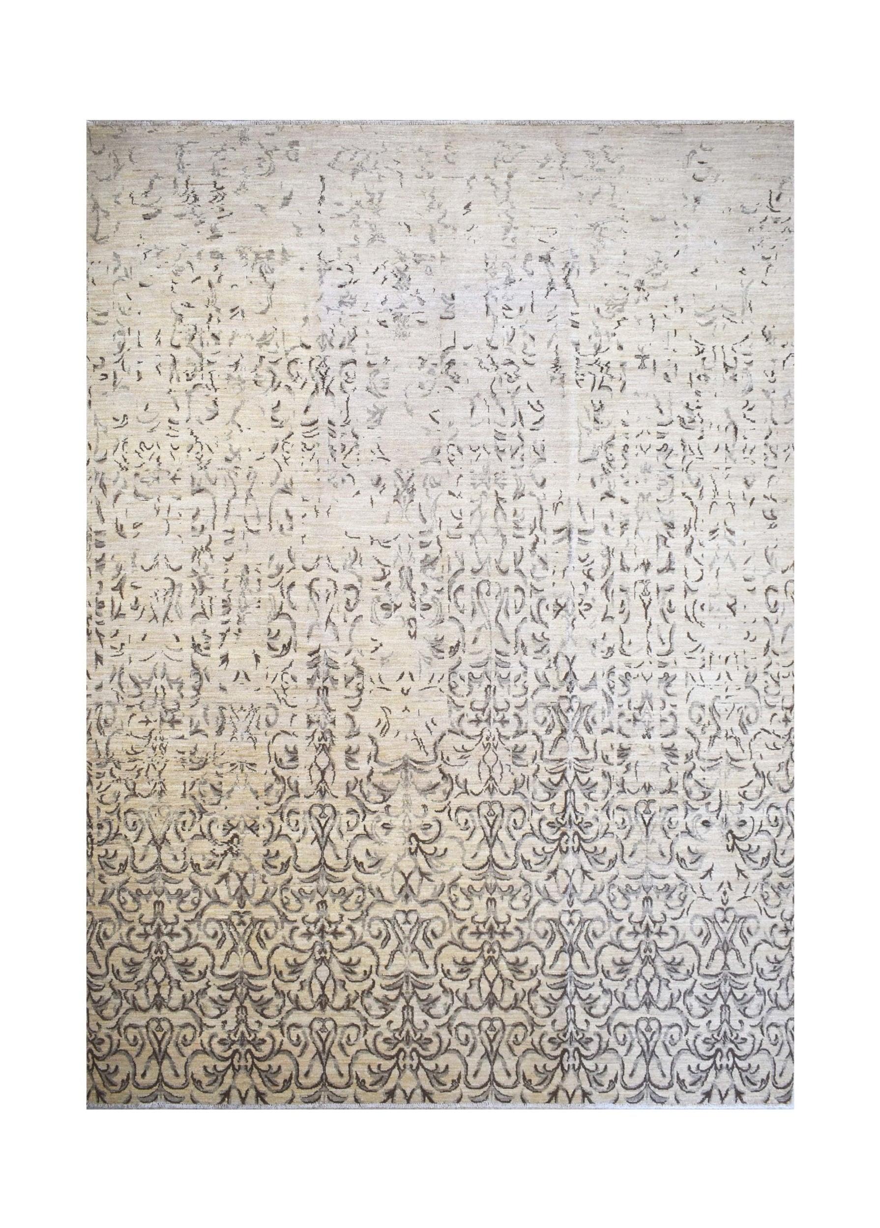 Handmade Afghan Chobi rug featuring a faded grey floral pattern on a light beige wool background.