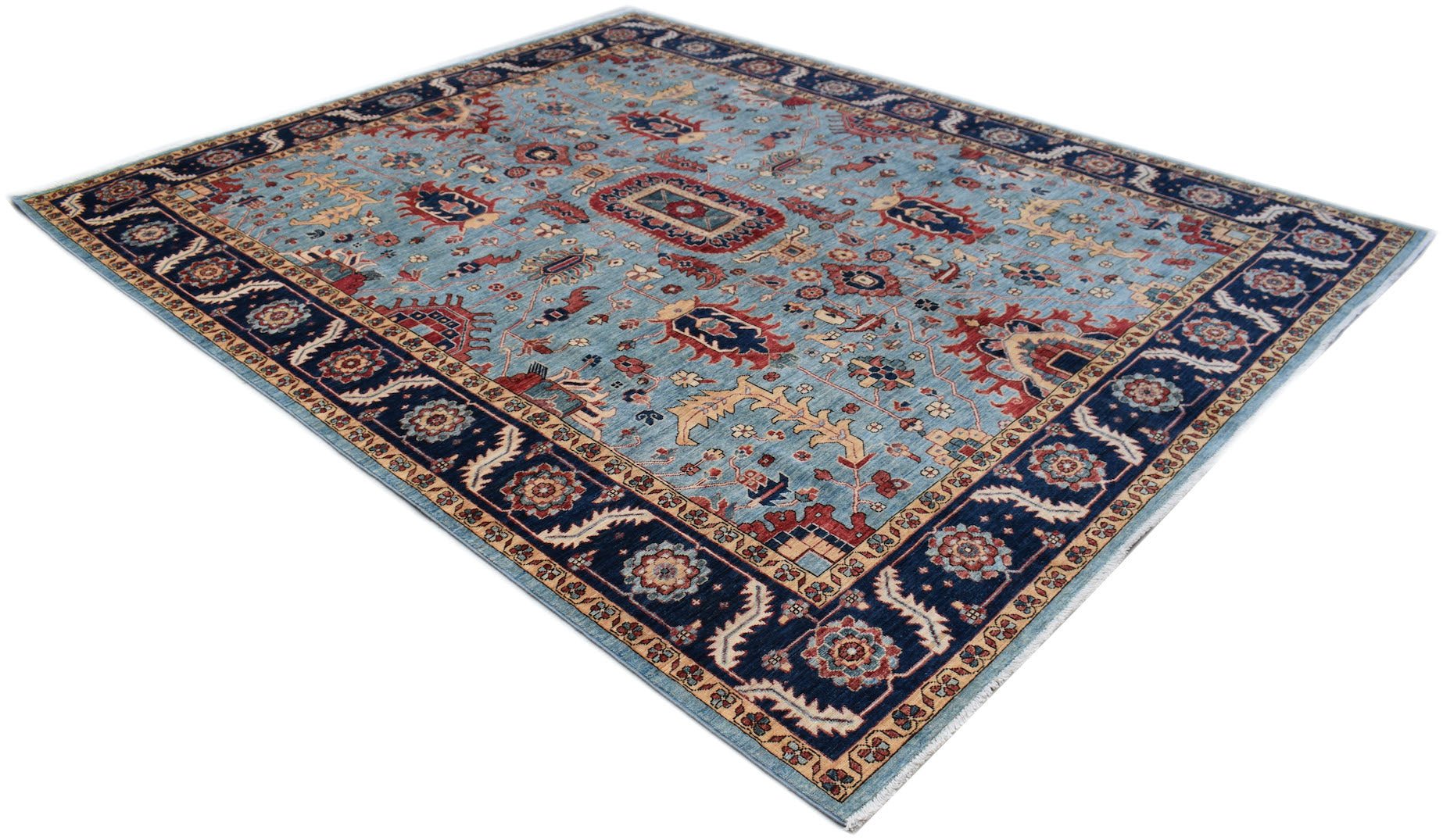 A handmade Afghan Chobi rug featuring a traditional floral pattern in blue, red, and beige tones.