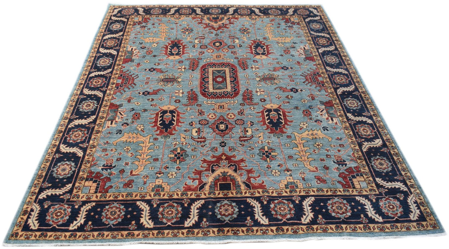 Handmade Afghan Chobi rug featuring a traditional floral pattern in blue, red, and beige tones.