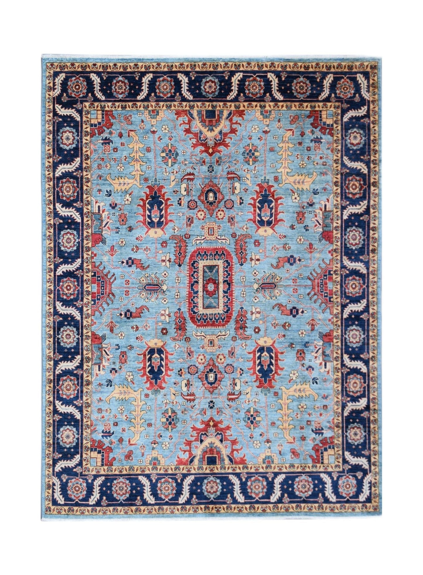 A rectangular Afghan Chobi rug featuring a traditional floral pattern in blue, red, and cream.