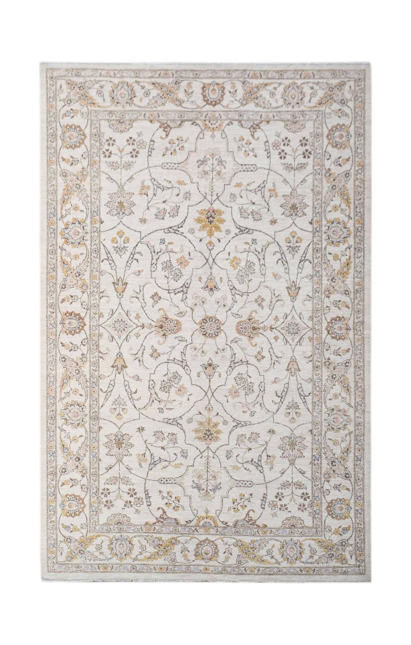 A rectangular Afghan Chobi rug featuring a traditional floral pattern in soft earth tones.