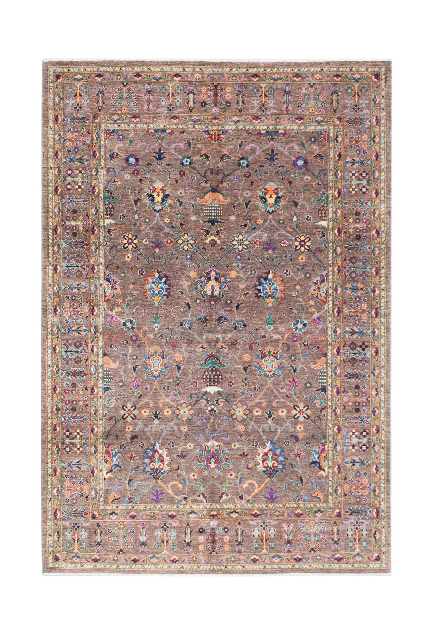 Handwoven Afghan Chobi rug featuring a brown field with intricate floral and vine motifs.