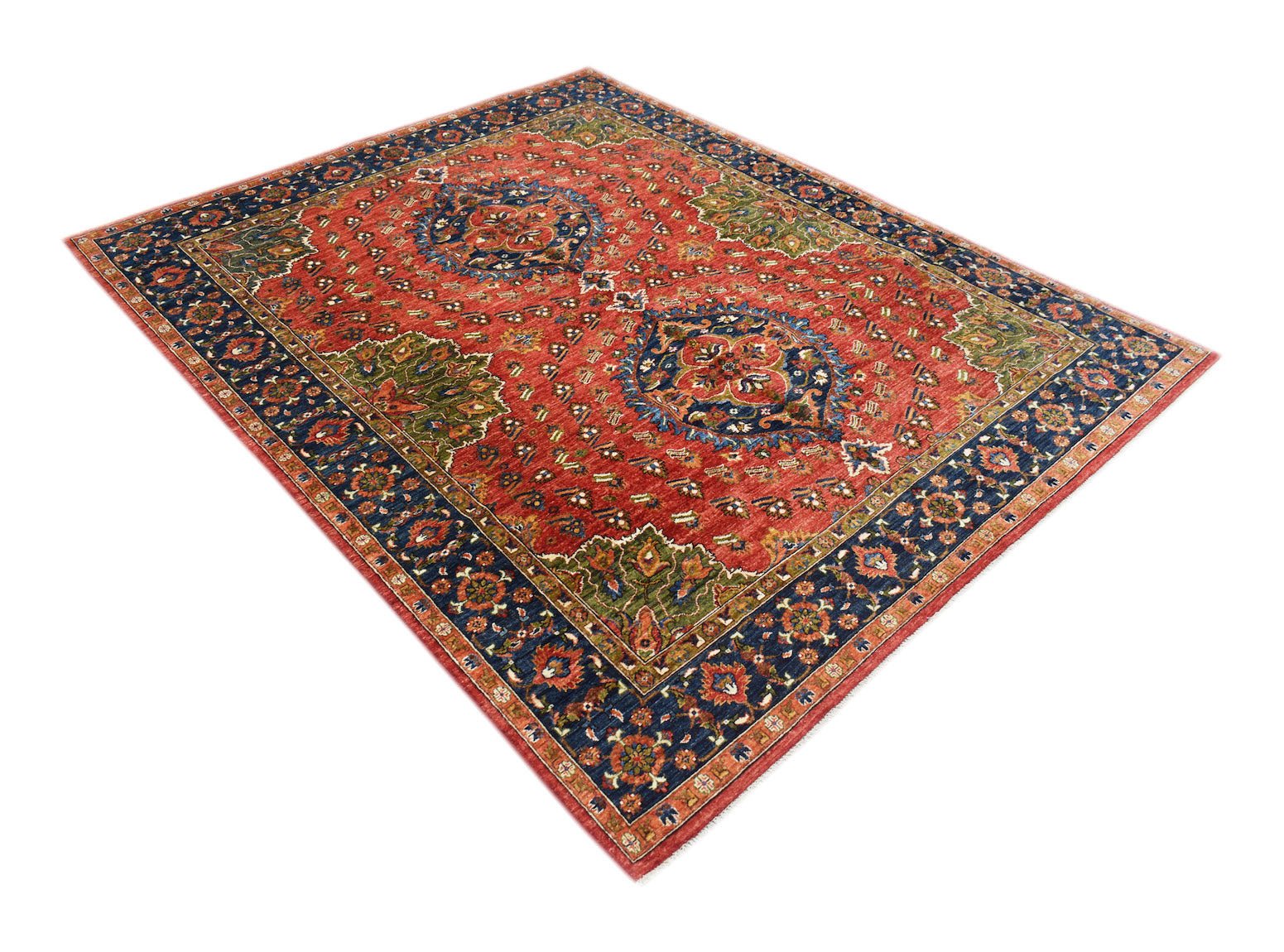 A rectangular Afghan Chobi rug featuring a traditional floral pattern in red, blue, and green.