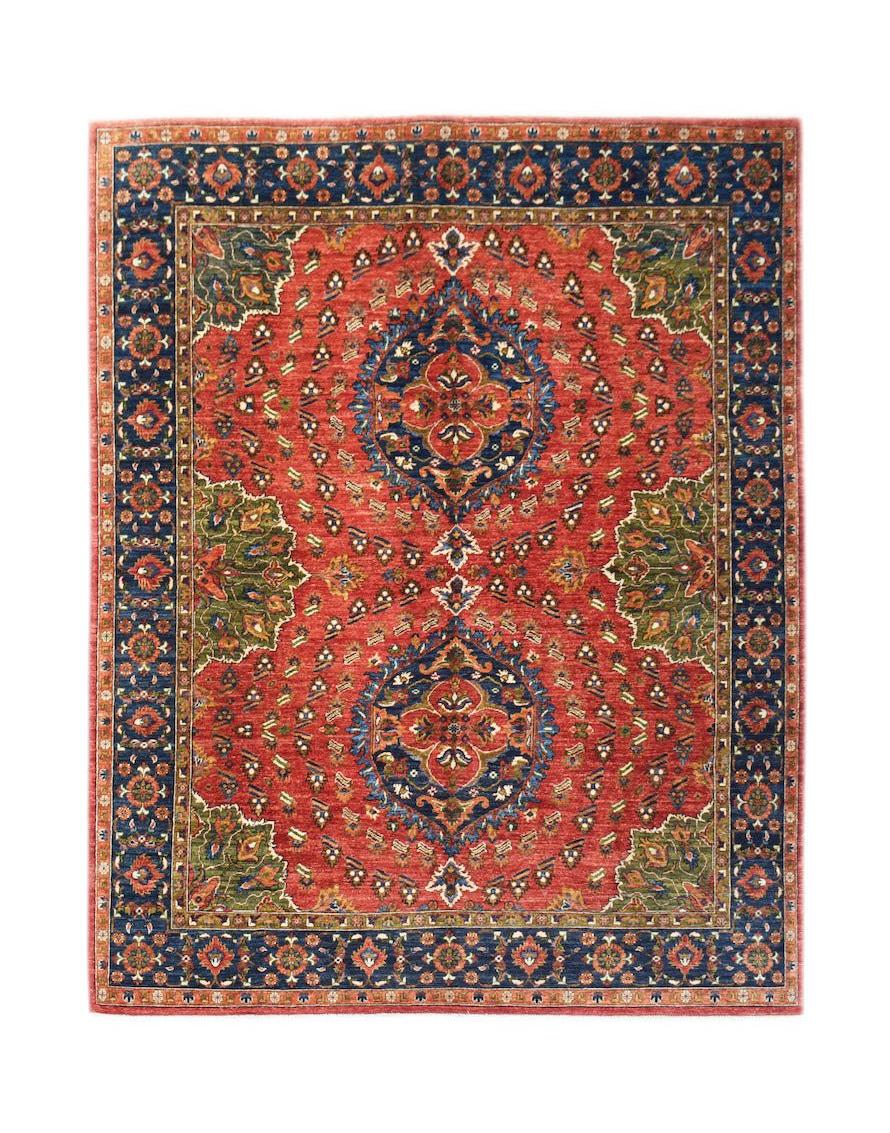 A rectangular Afghan Chobi rug featuring a traditional floral pattern in red, blue, and green.