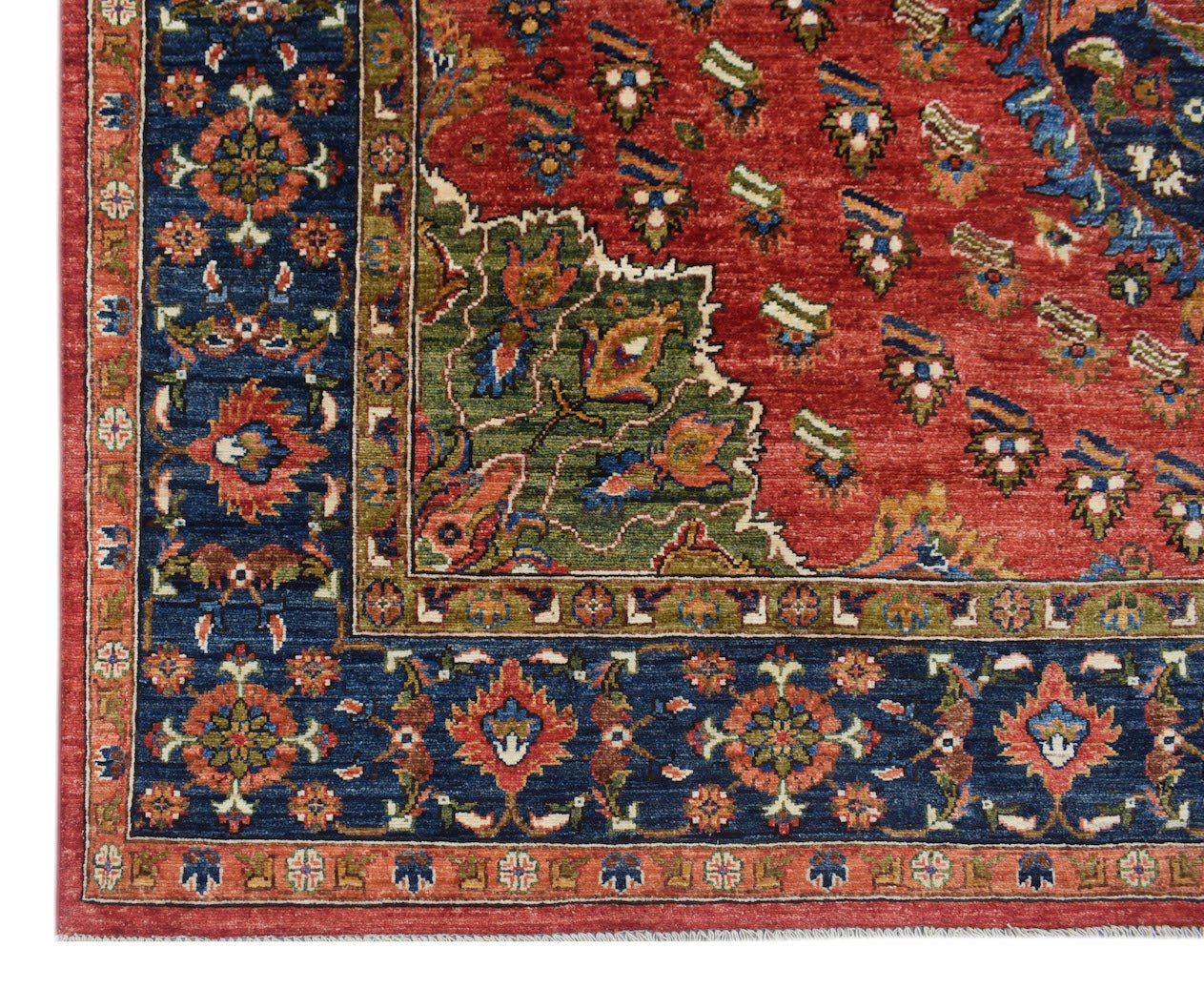 Handwoven Afghan Chobi rug featuring a traditional floral pattern in red, blue, and green tones.