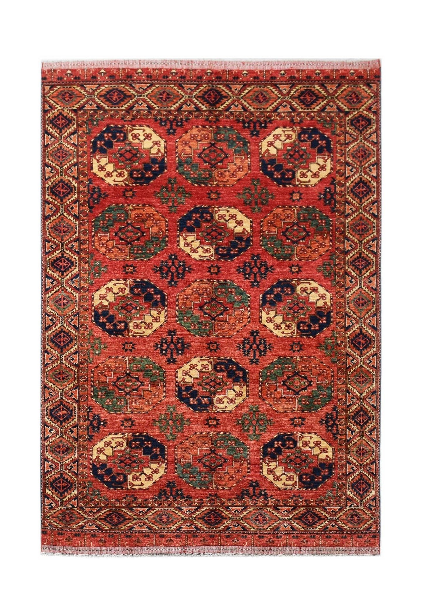 A handmade Afghan Chobi rug featuring a traditional geometric pattern in red, blue, and cream tones.