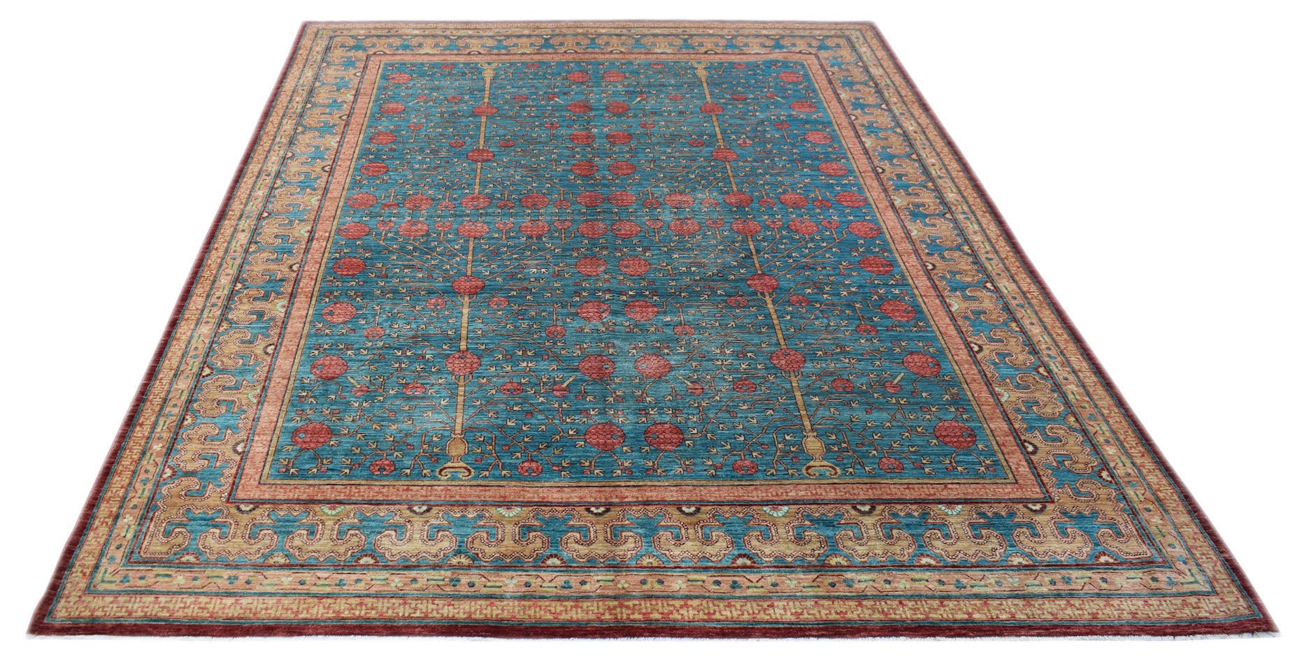 Handmade Afghan Balkh rug featuring a blue field with red floral motifs and a decorative border.
