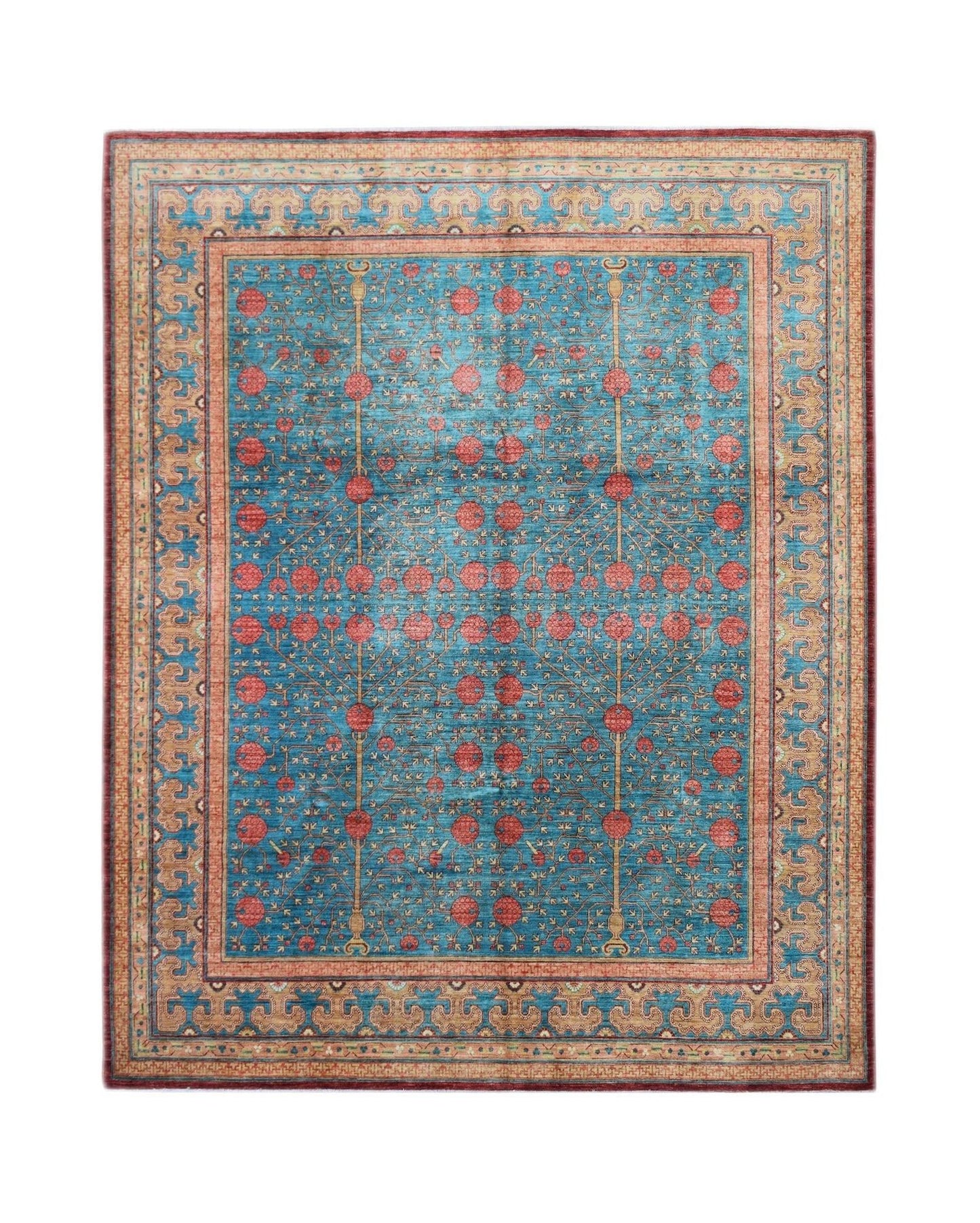 Handmade Afghan Balkh rug featuring a blue field with a repeating red pomegranate motif.