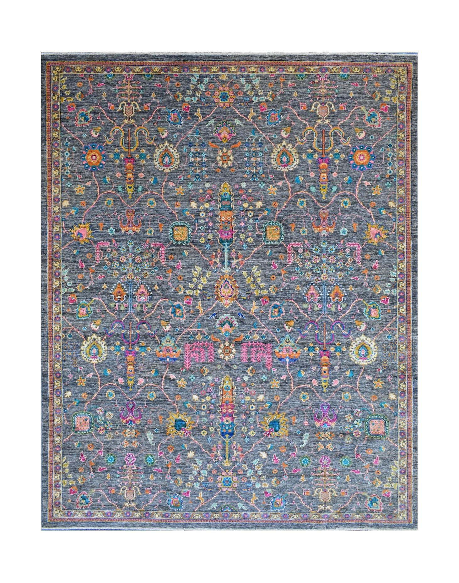 A rectangular Afghan Chobi rug featuring a dark grey field with intricate, colorful floral motifs.