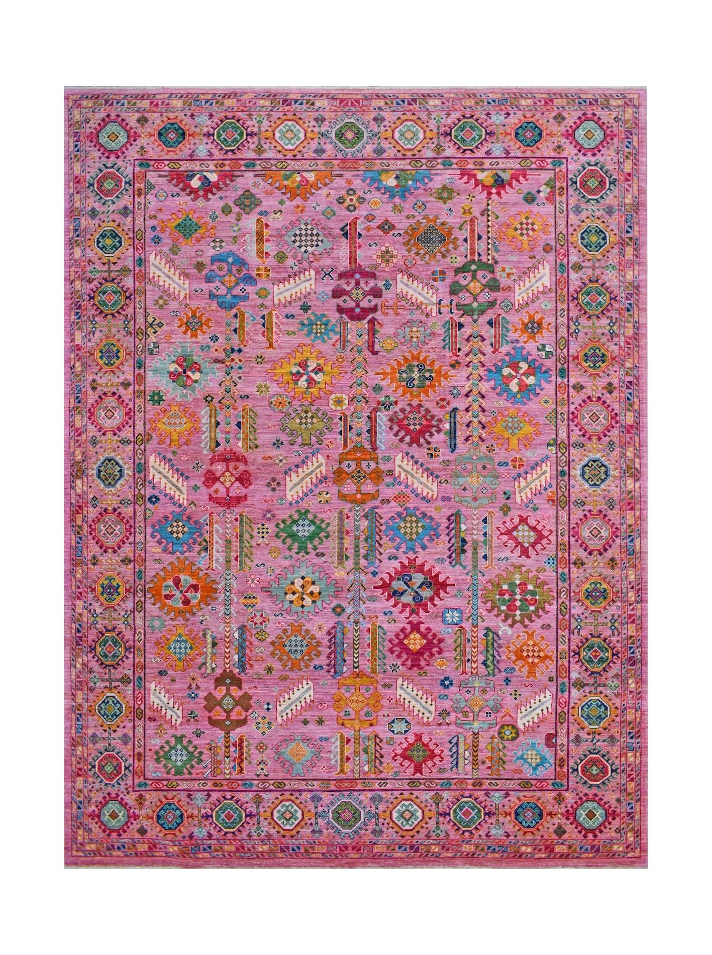 A rectangular Afghan Chobi rug featuring a vibrant pink field with colorful geometric patterns.