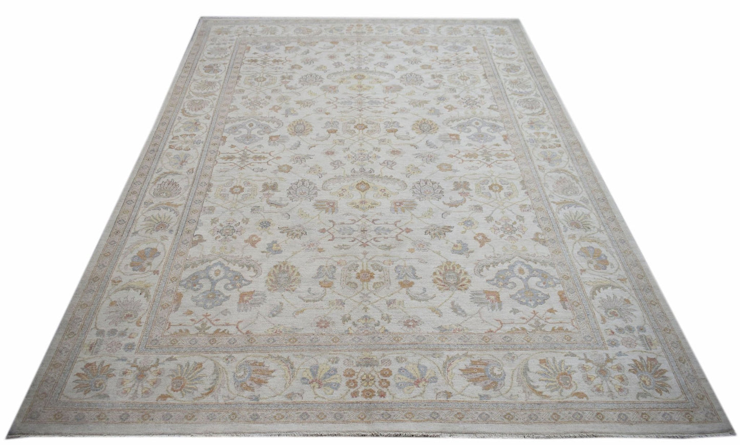 A rectangular Afghan Chobi rug featuring a traditional floral pattern in soft, neutral tones.