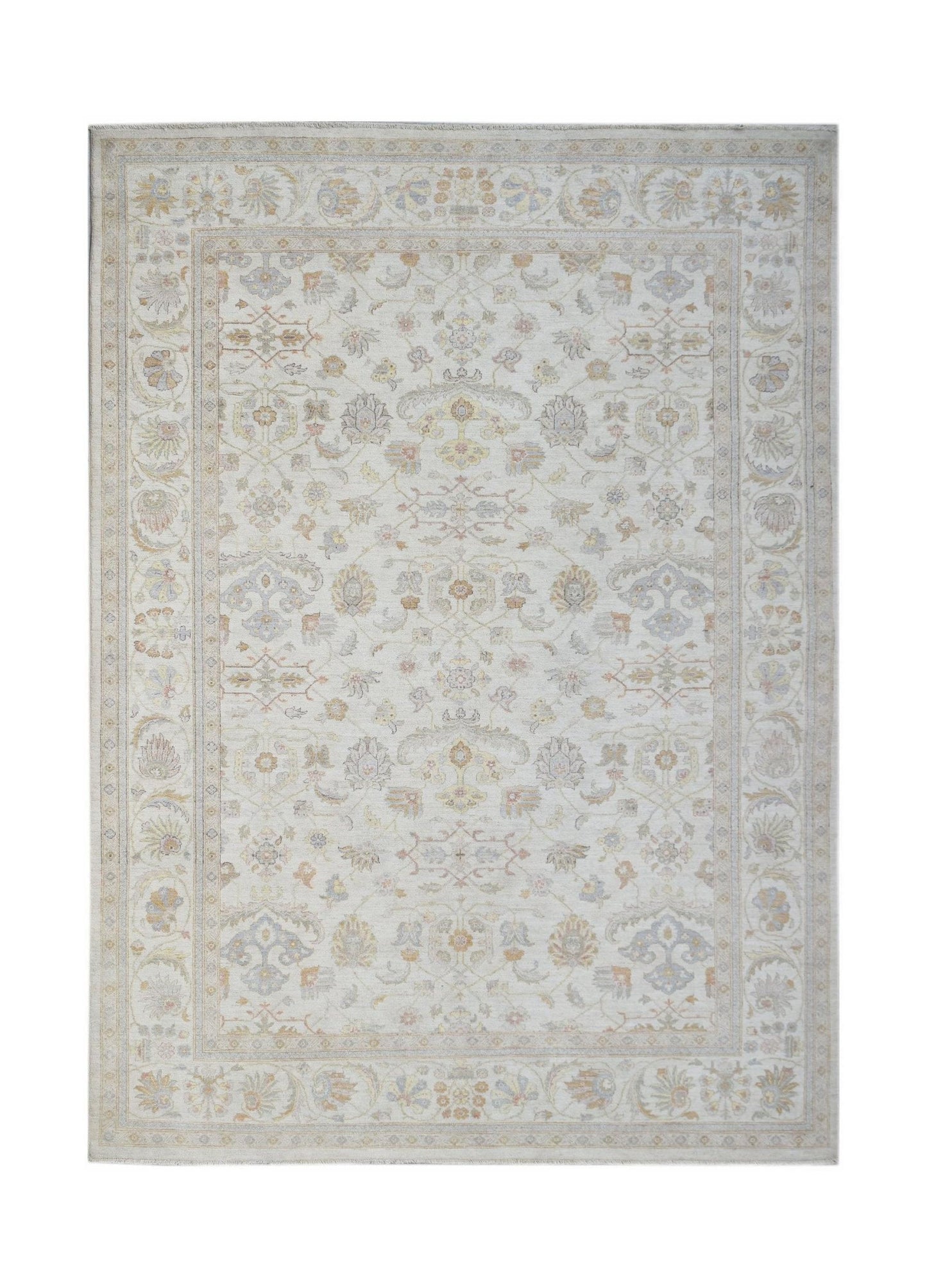 A rectangular Afghan Chobi rug featuring a traditional floral pattern in soft, neutral tones.