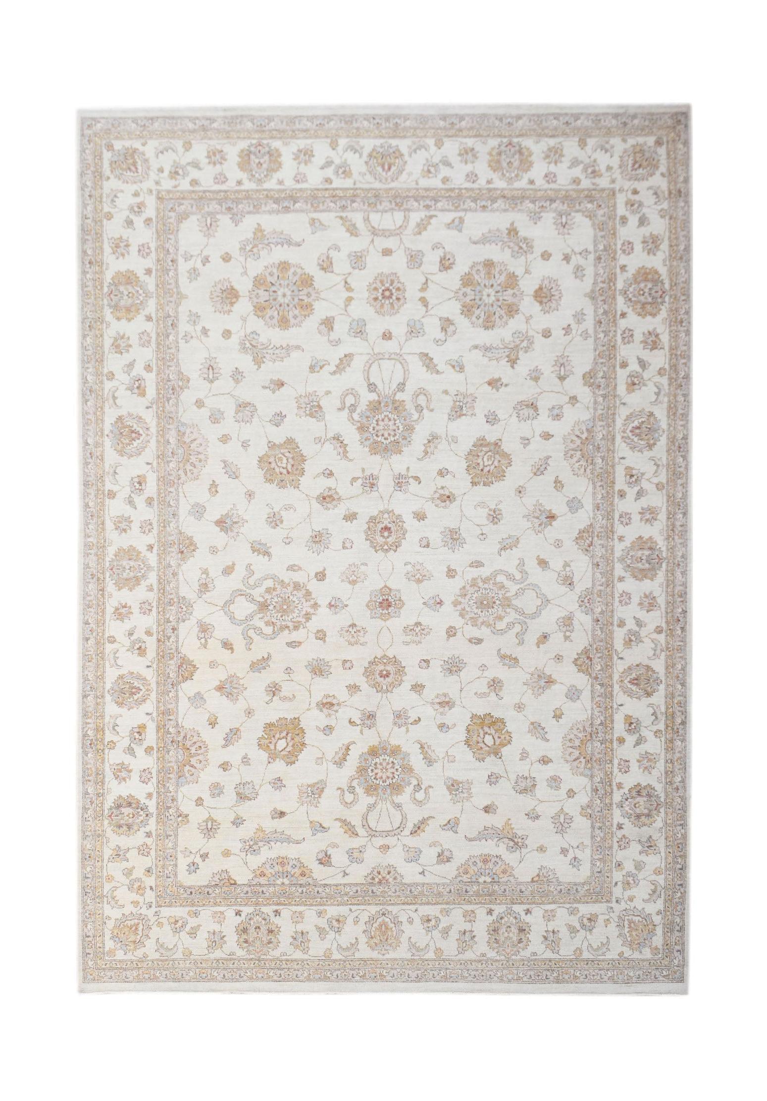 An Afghan Chobi rug featuring a traditional floral pattern in soft beige and muted earth tones.