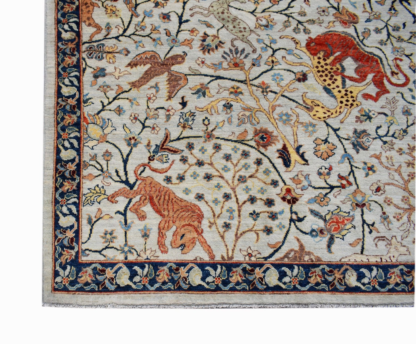 Handwoven Afghan Chobi rug featuring a traditional hunting scene with animals on a light field.