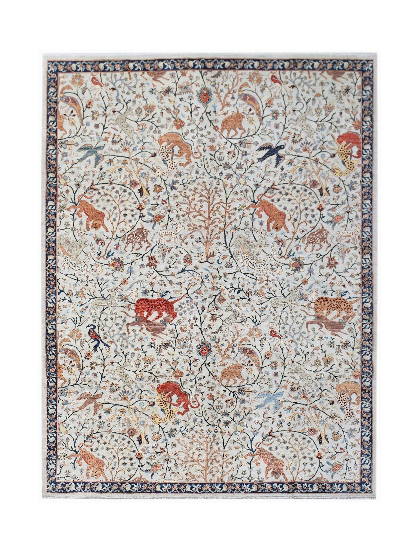 Handmade Afghan Chobi rug featuring a traditional hunting scene with animals on a light background.