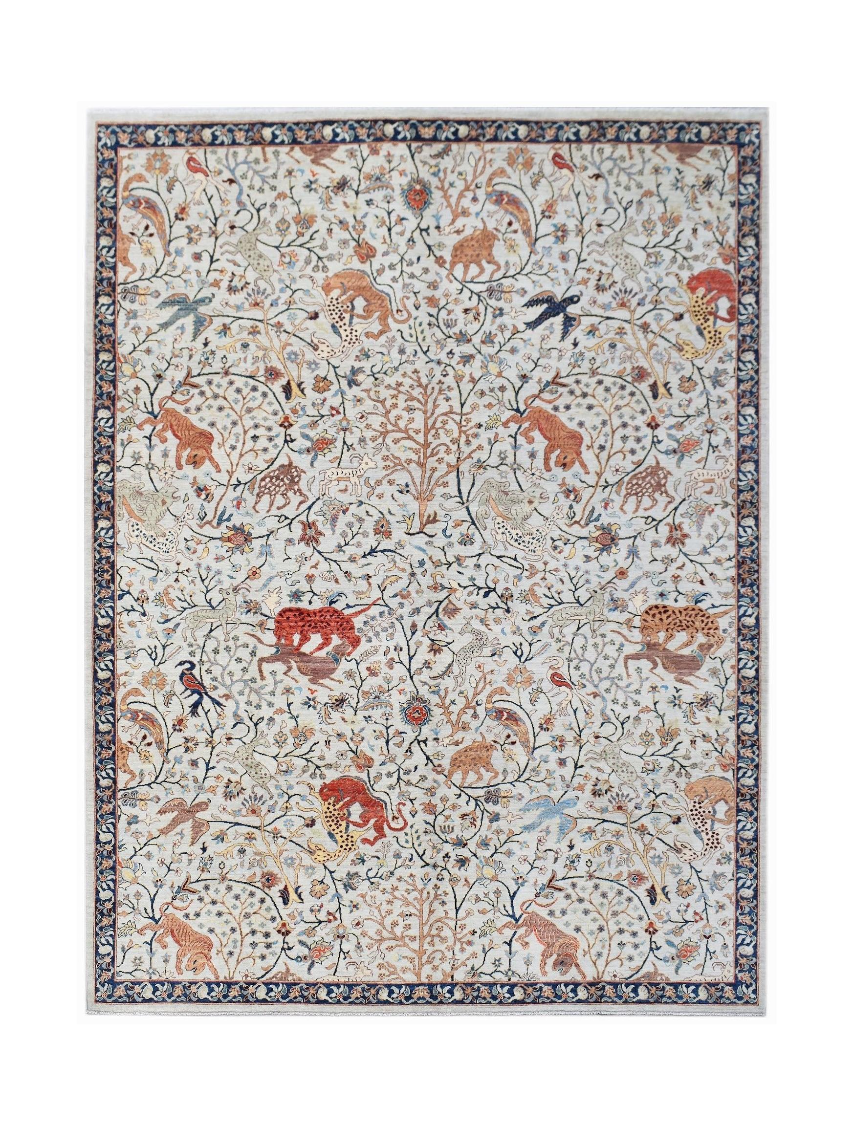 Handmade Afghan Chobi rug featuring a traditional hunting scene with animals on a light background.