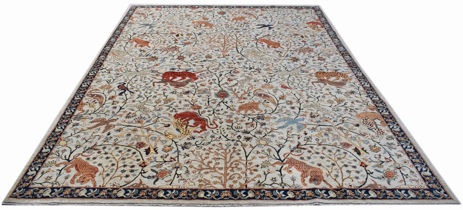 Handwoven Afghan Chobi rug featuring a traditional hunting scene with animals on a light background.