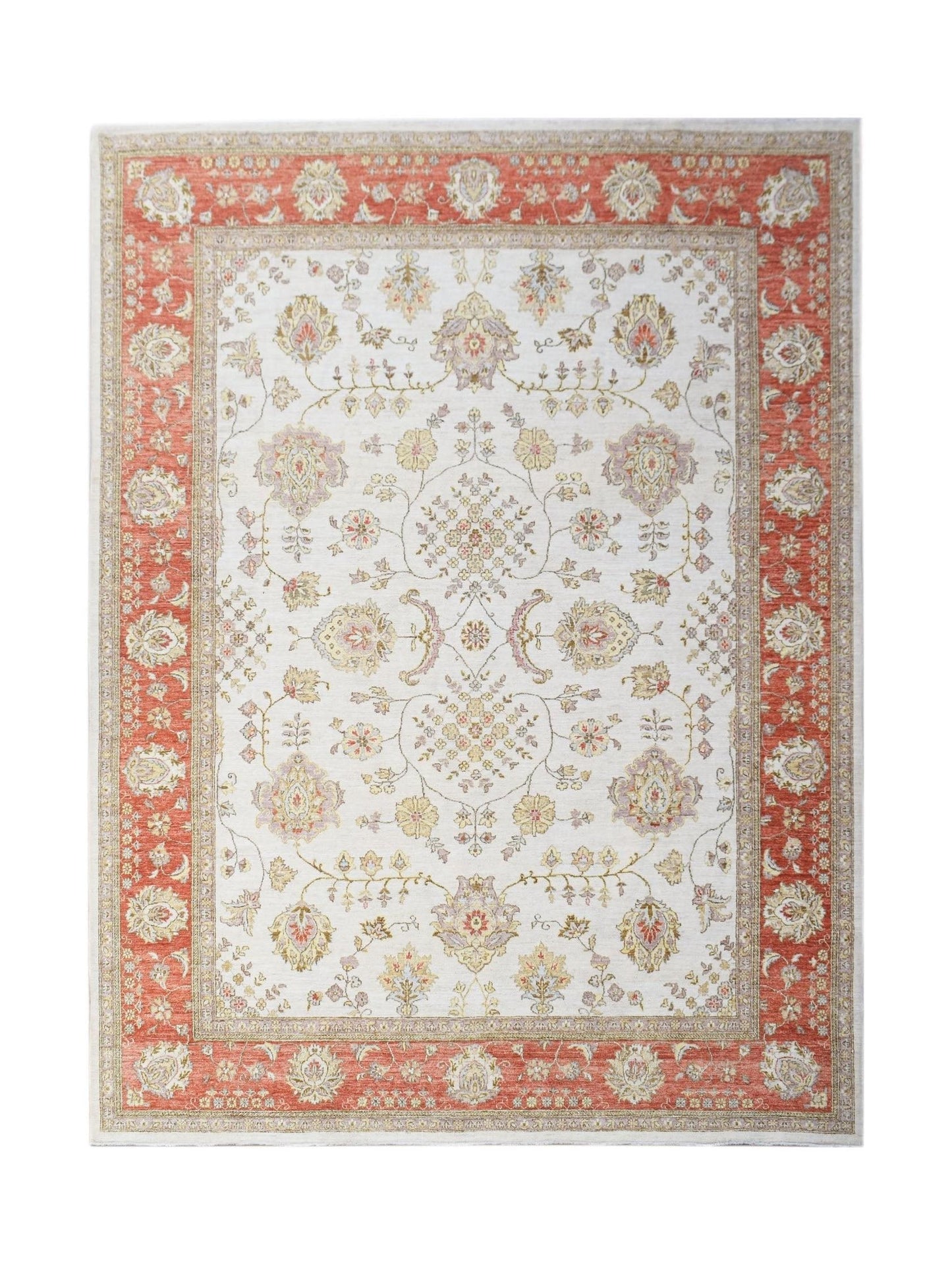Handwoven Afghan Chobi rug featuring a floral pattern in soft red and cream tones.