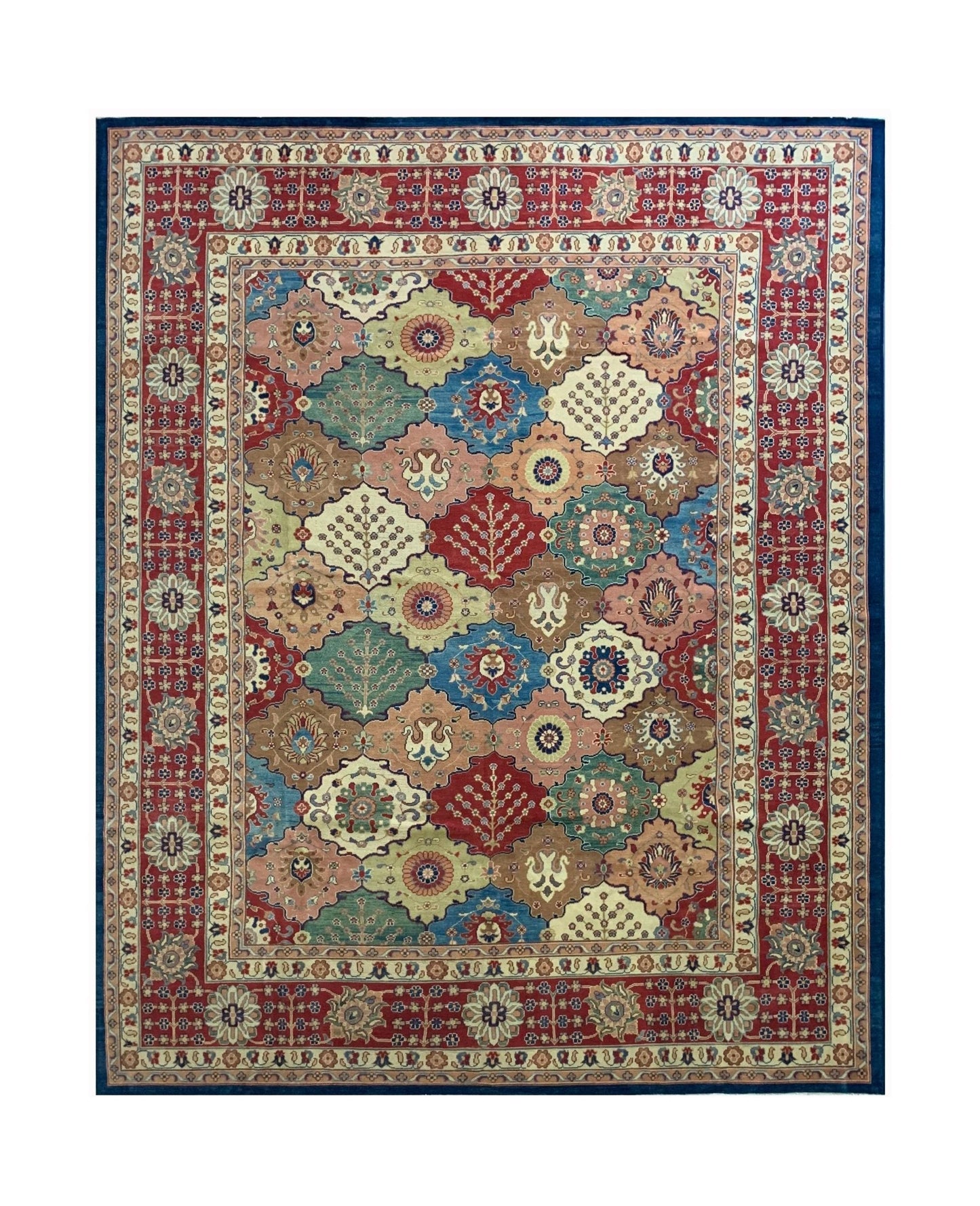 Handmade Afghan Chobi rug featuring a traditional multi-colored geometric floral pattern.