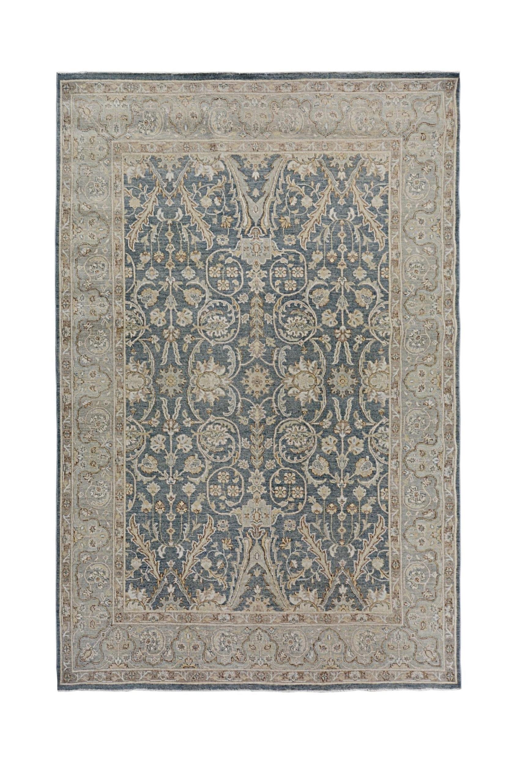 A rectangular Afghan Chobi rug featuring a traditional floral pattern in blue and beige tones.