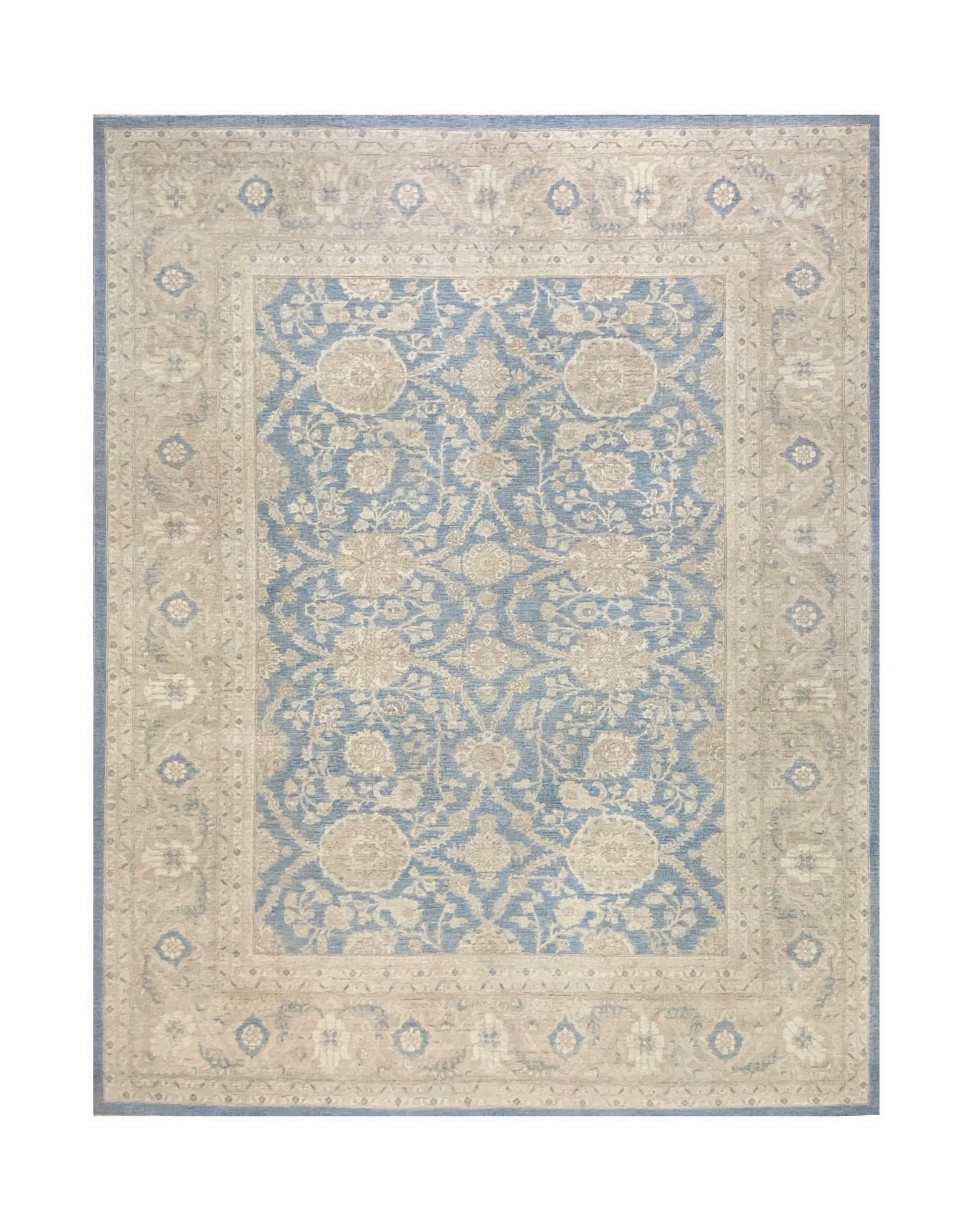 Handmade Afghan Chobi rug featuring a traditional floral pattern in blue and beige tones.
