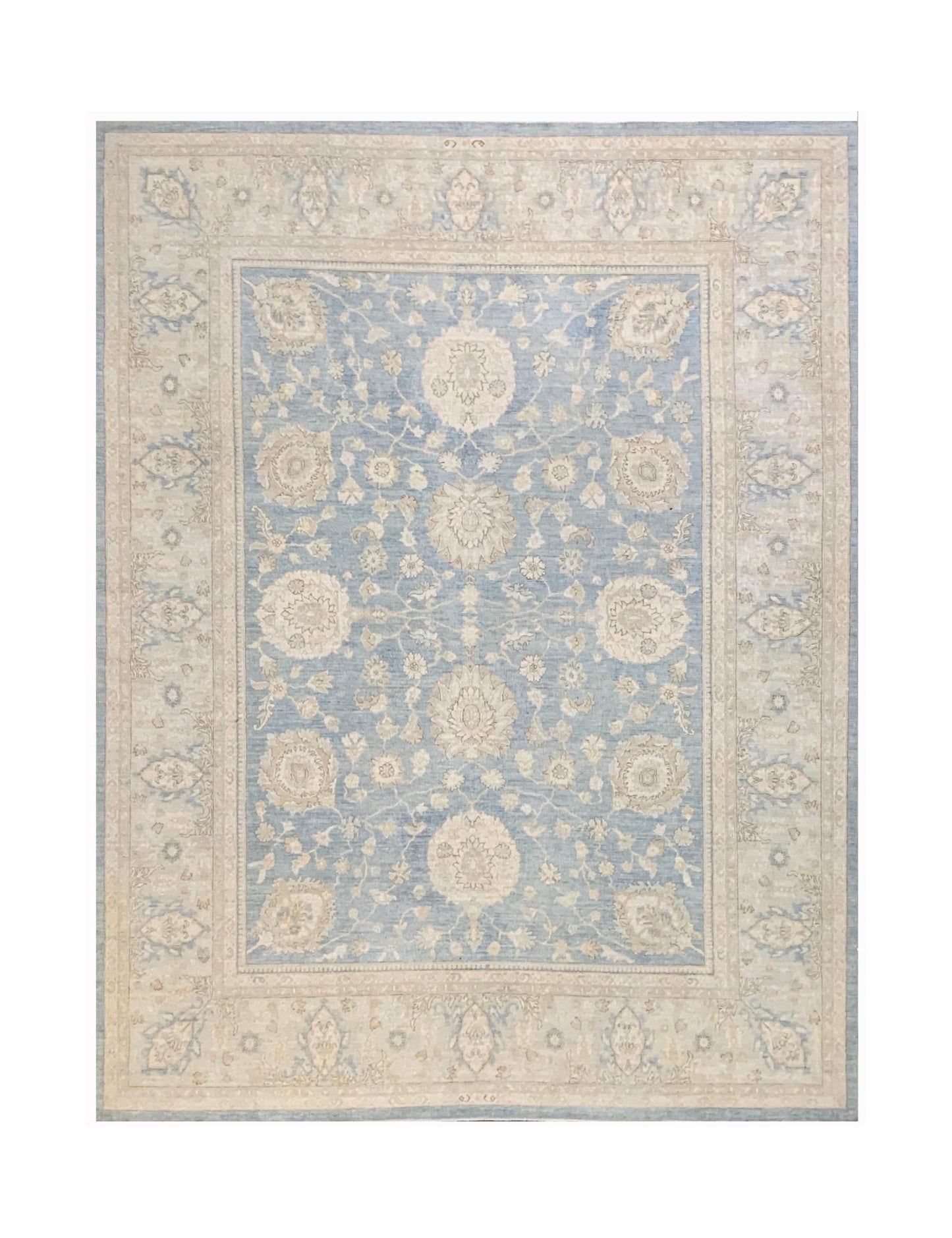 An Afghan Chobi rug featuring a traditional floral pattern in shades of blue and beige.