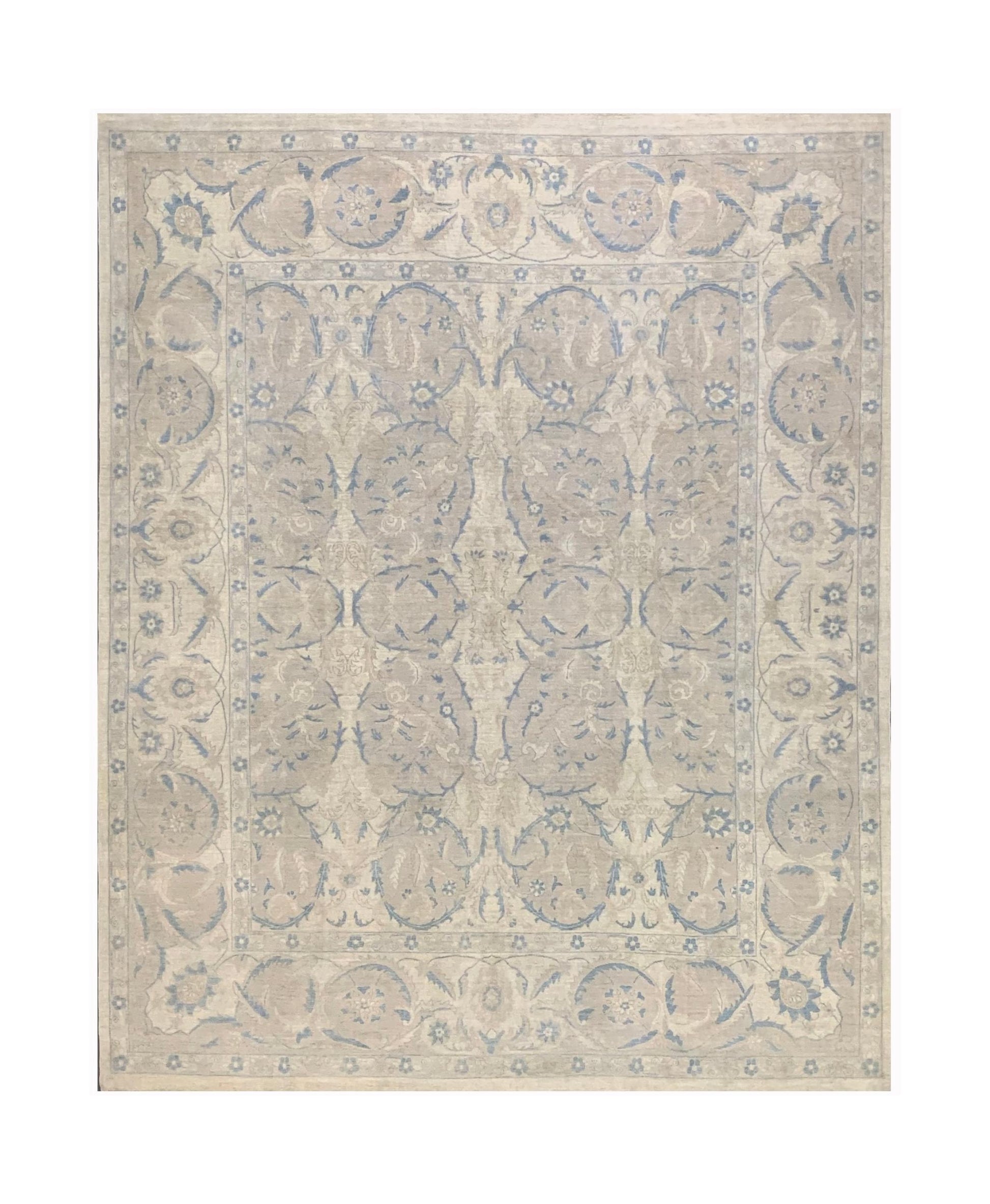 Handmade Afghan Balkh rug featuring a traditional floral pattern in soft blue and beige tones.