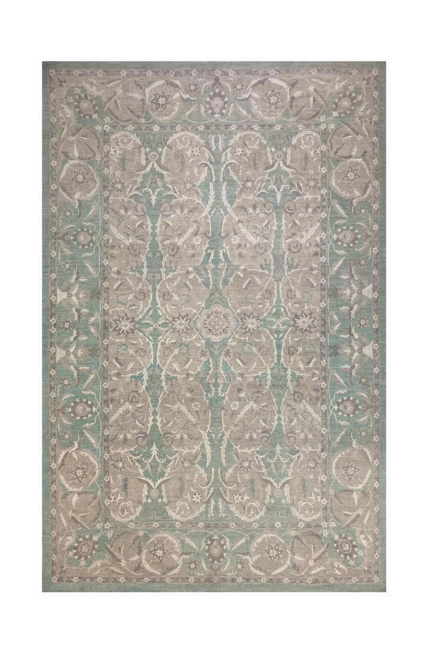 Handmade Afghan Chobi rug featuring a traditional floral pattern in muted green and beige tones.