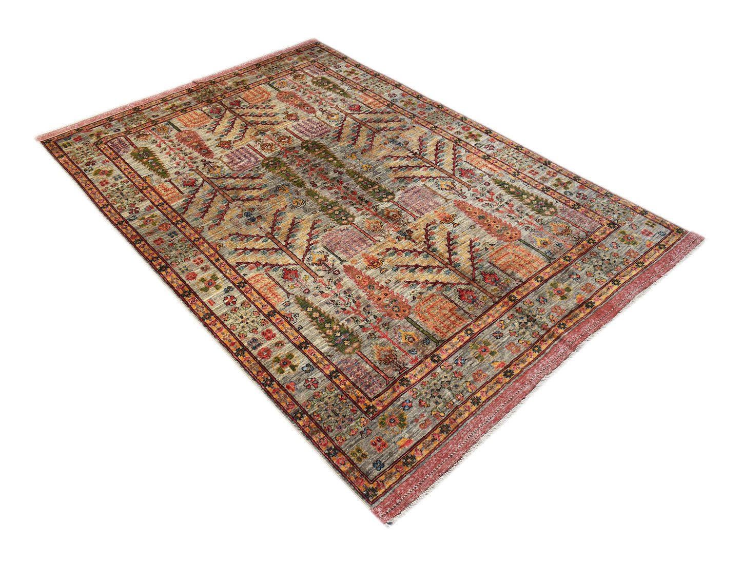A rectangular Afghan Chobi rug featuring a traditional Tree of Life pattern in earthy tones.