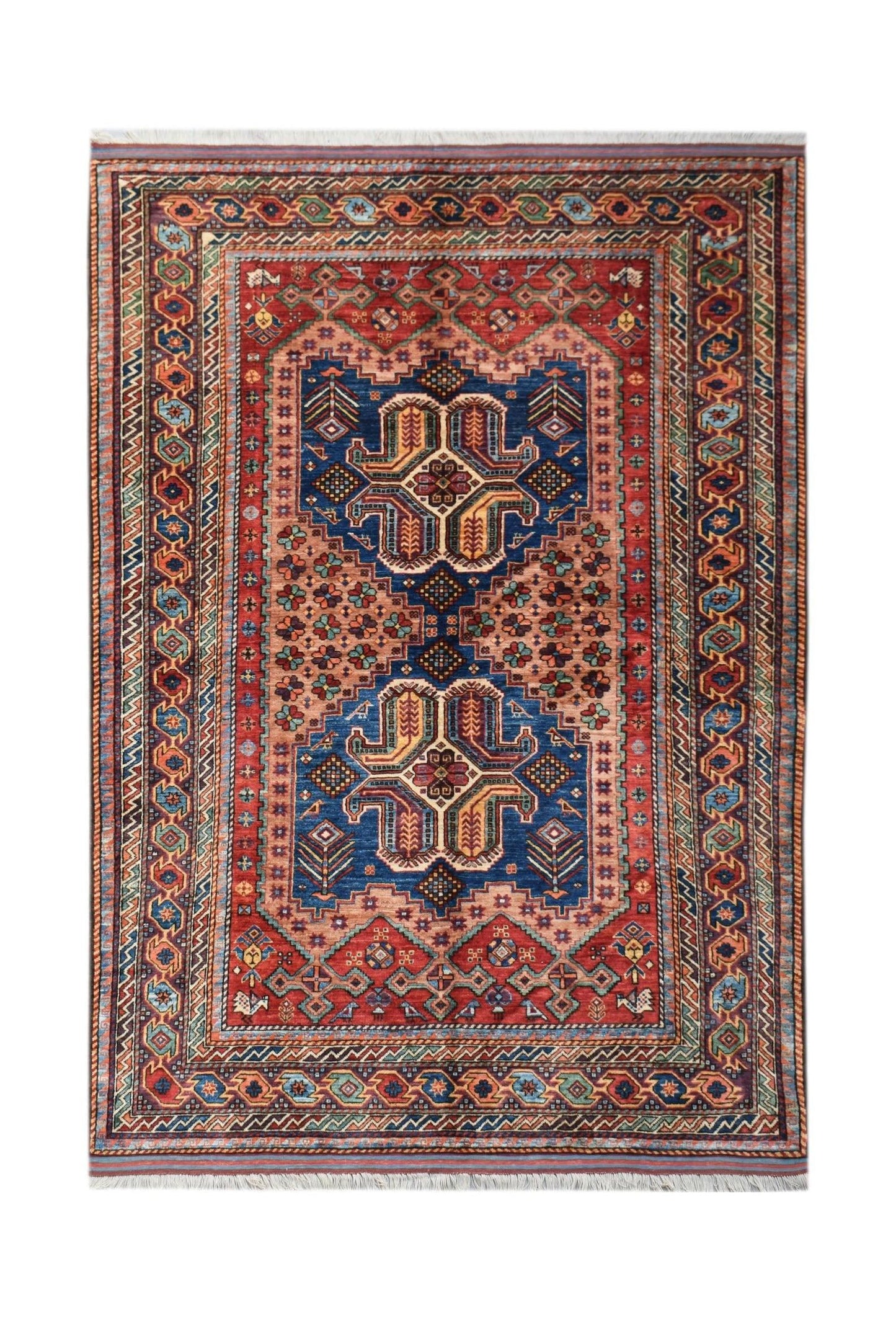 A rectangular Afghan Herati rug featuring a traditional geometric pattern in red, blue, and gold.