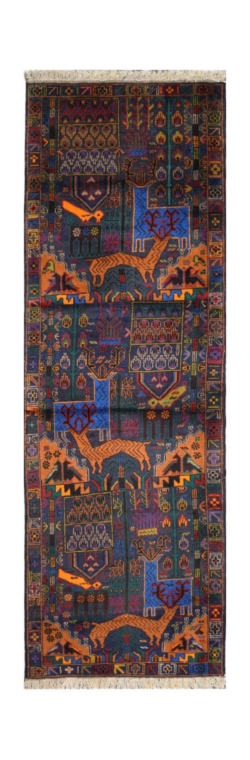 Handmade Afghan wool runner rug featuring a dark blue field with a repeating hunting scene motif.