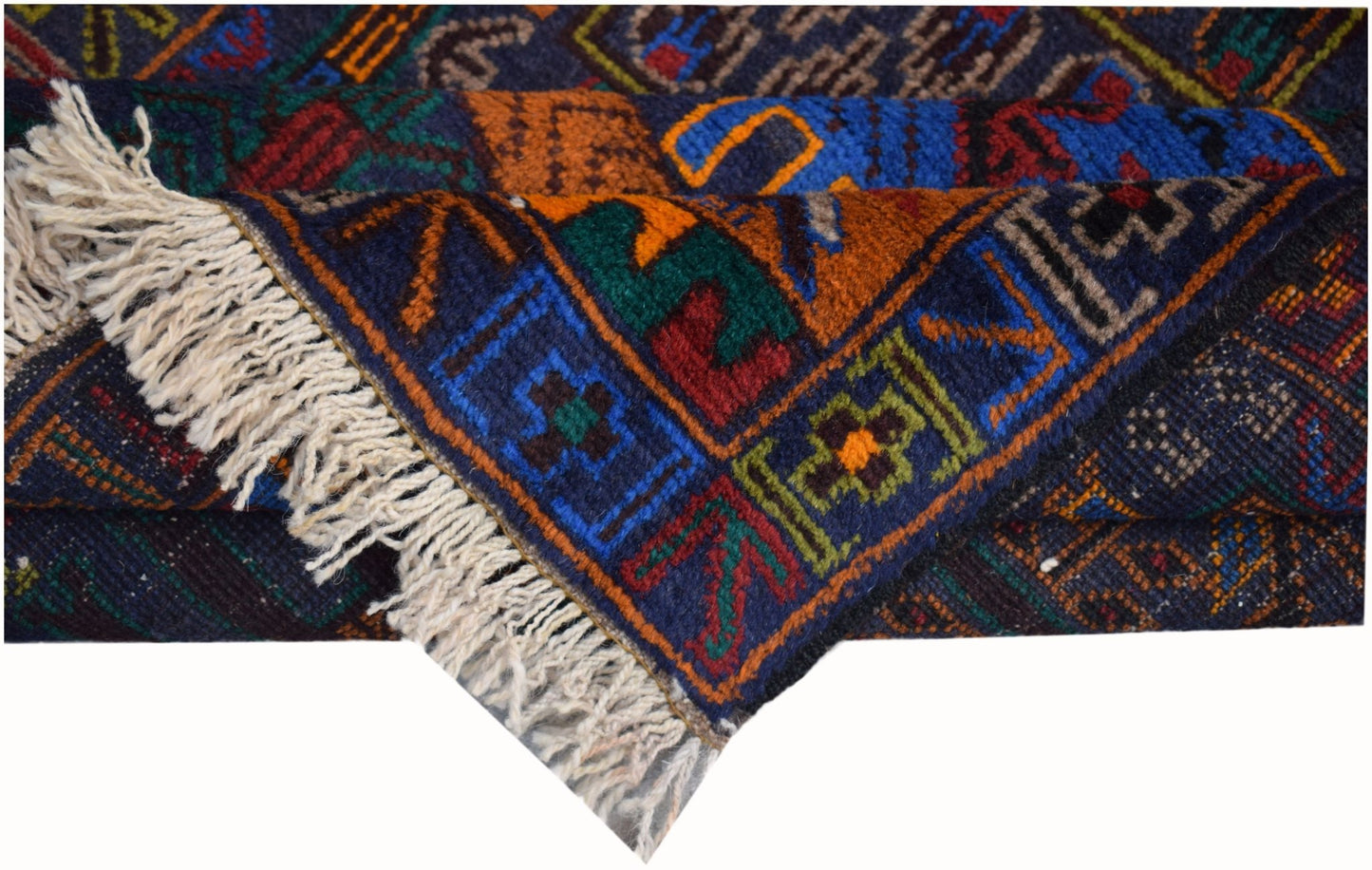 A handmade Afghan wool runner featuring a colorful geometric hunting scene pattern.