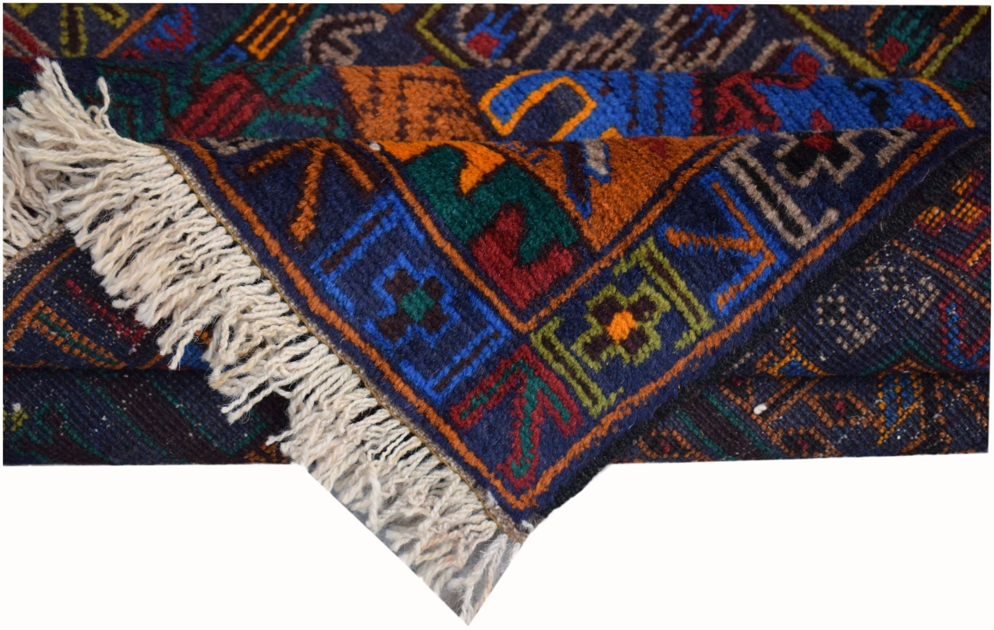 A handmade Afghan wool runner featuring a colorful geometric hunting scene pattern.