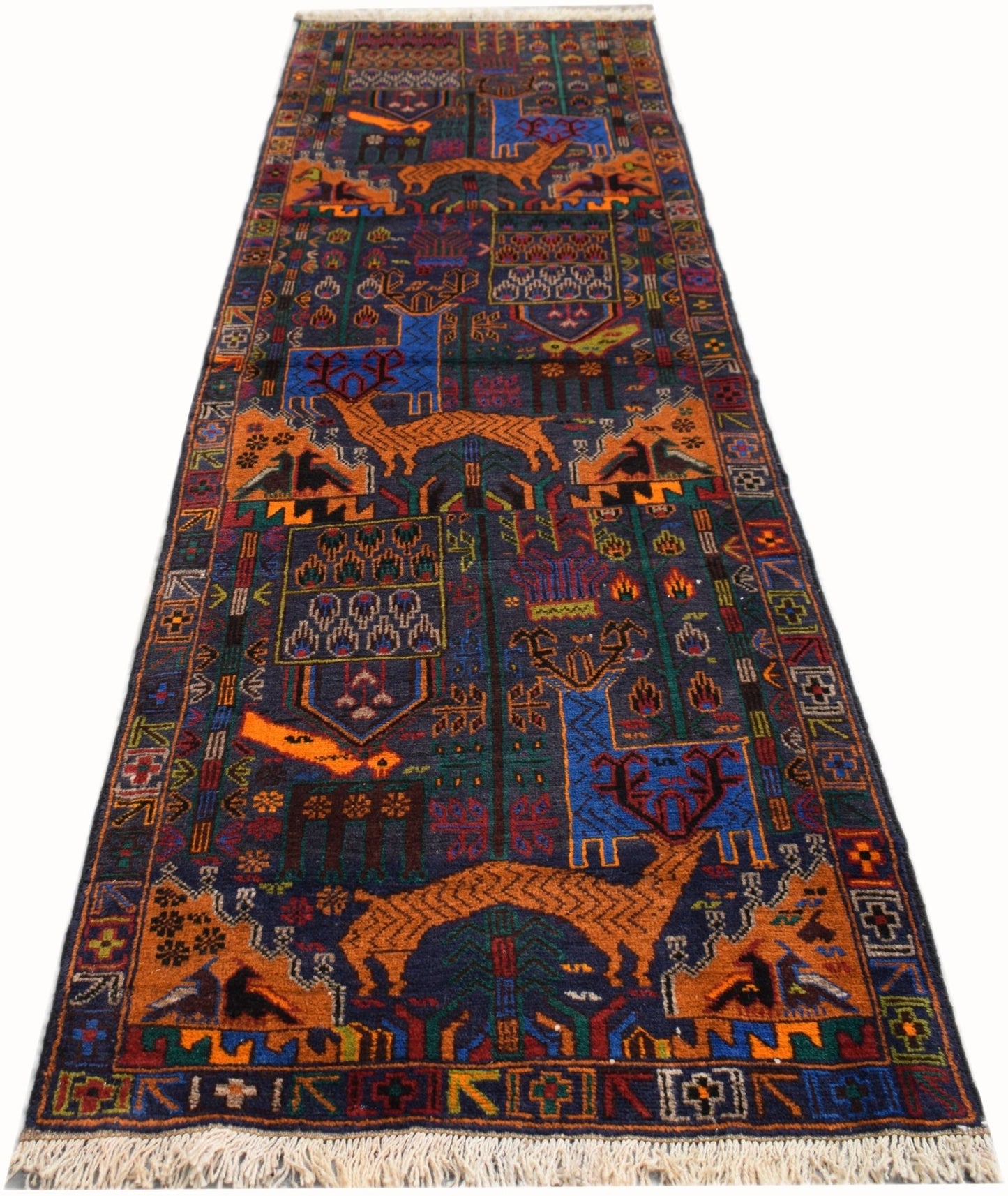 Handmade Afghan wool runner rug featuring a dark blue background with a colorful hunting scene.