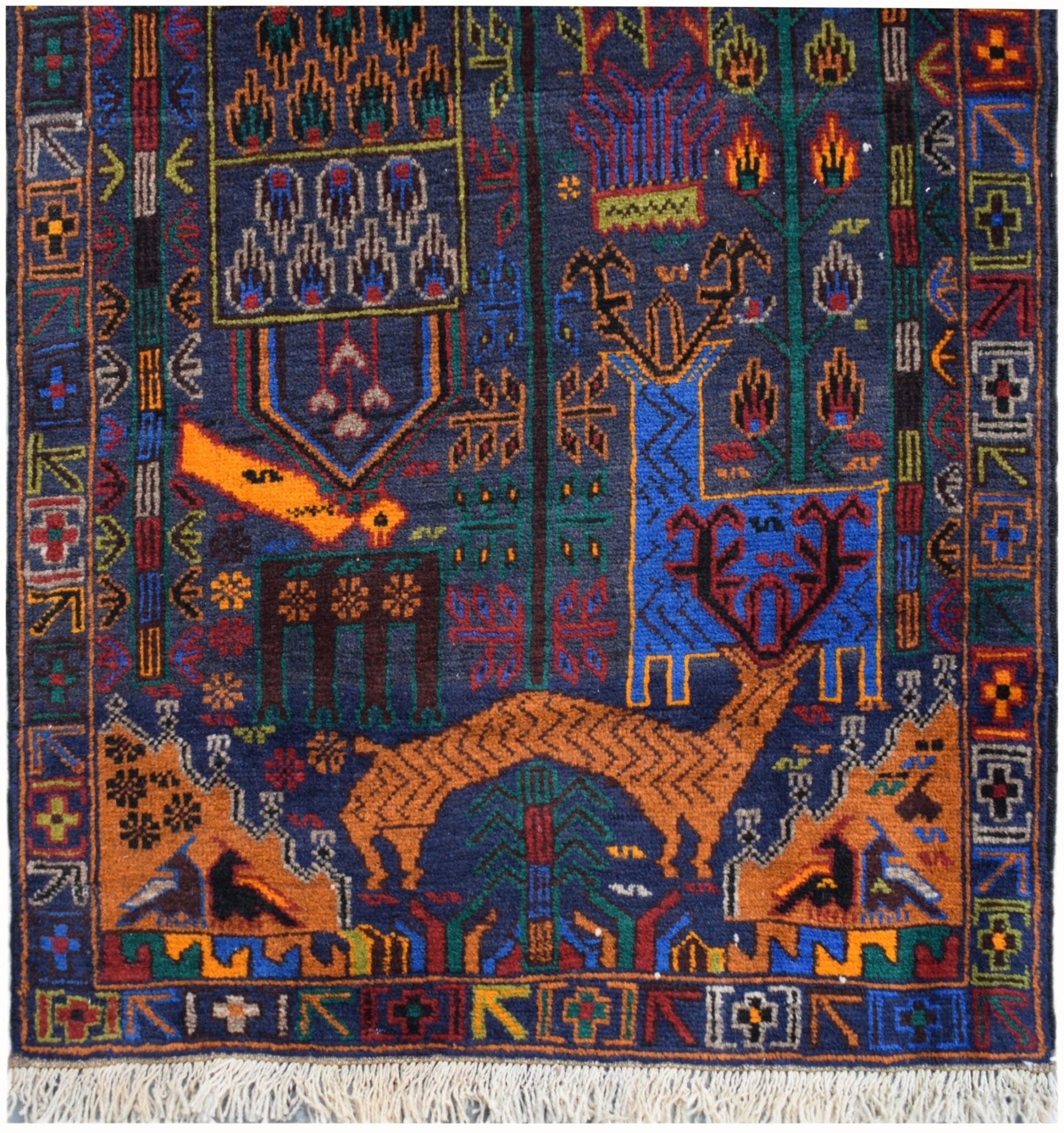 Handmade Afghan wool runner rug featuring a colorful hunting scene with animals and trees.