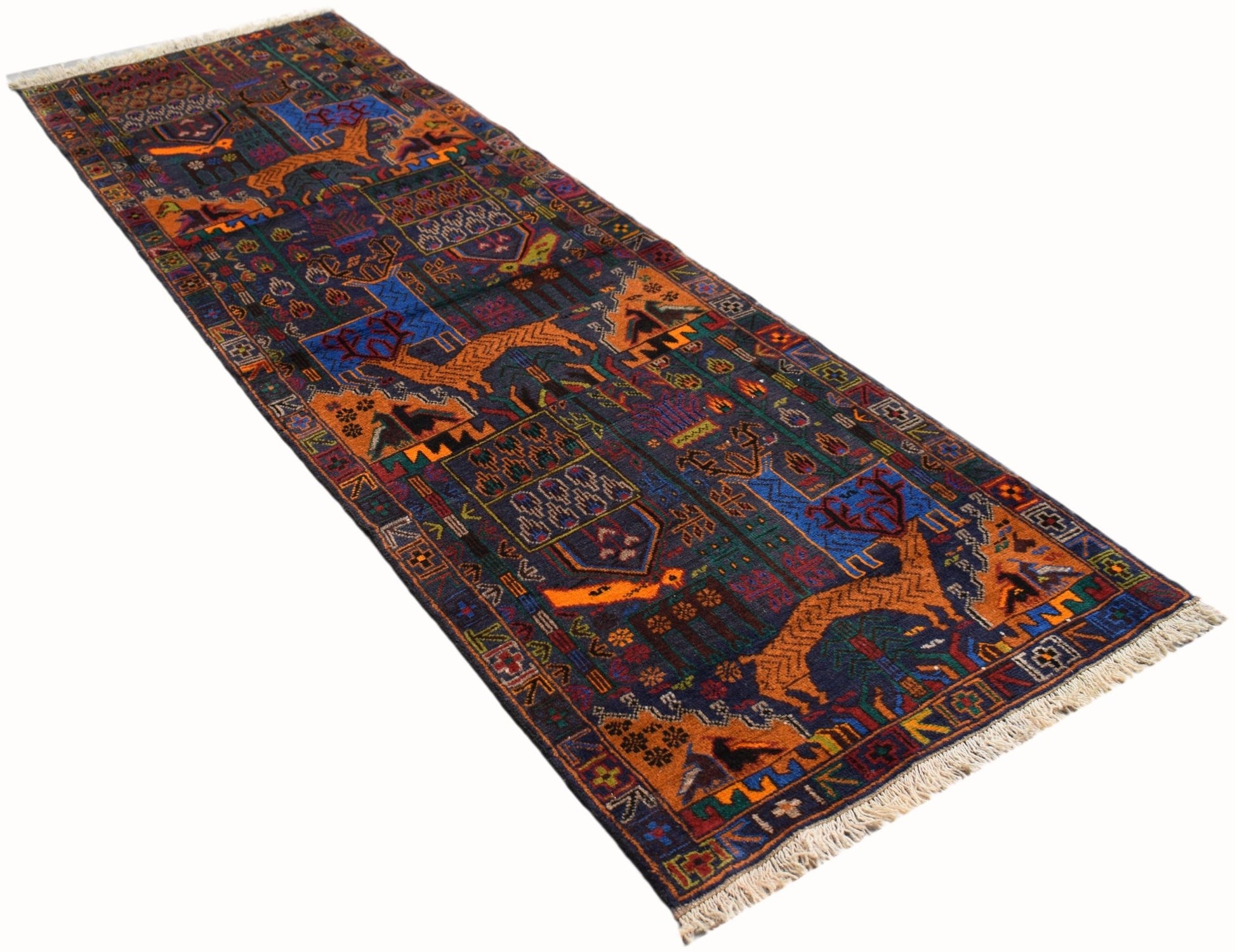 Handmade Afghan wool runner rug featuring a traditional hunting scene with deer on a dark background.
