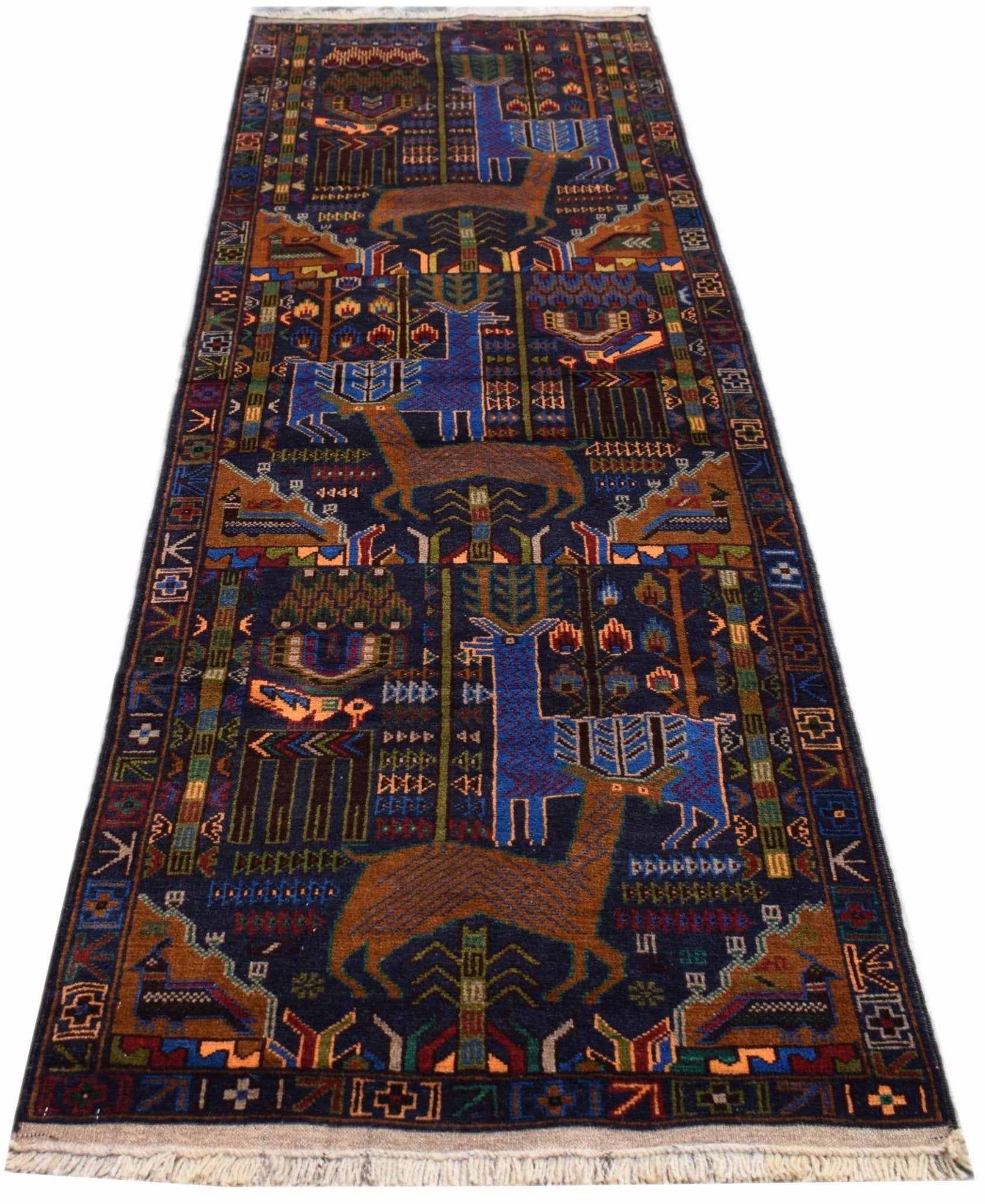 Handmade Afghan wool runner rug featuring a dark blue field with a traditional hunting scene.
