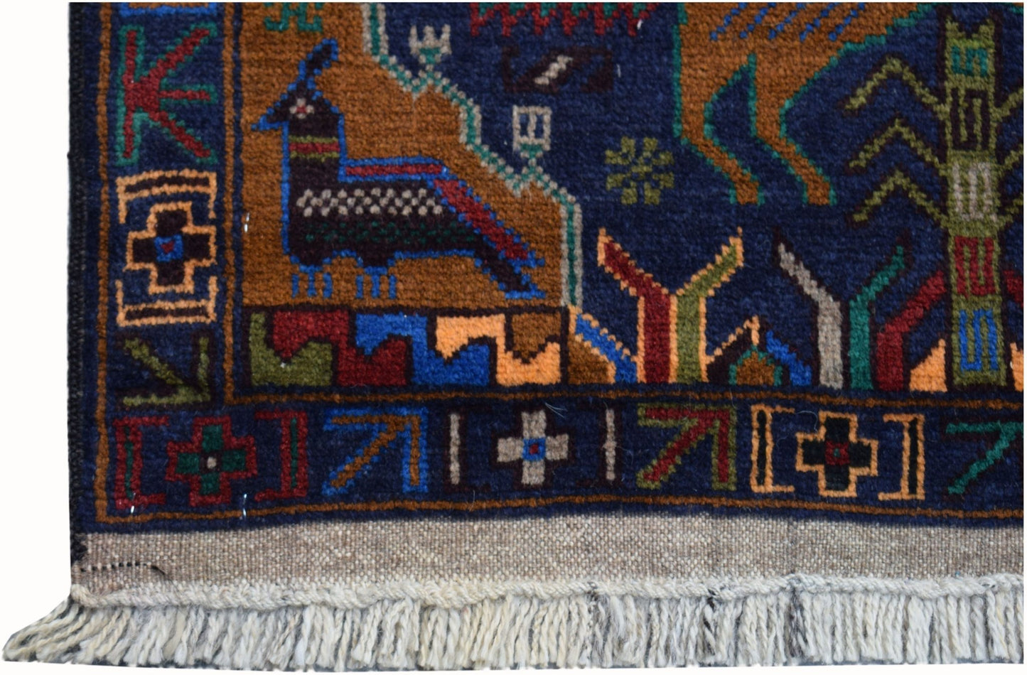 Handmade Afghan wool runner featuring a colorful hunting scene with birds and geometric motifs.