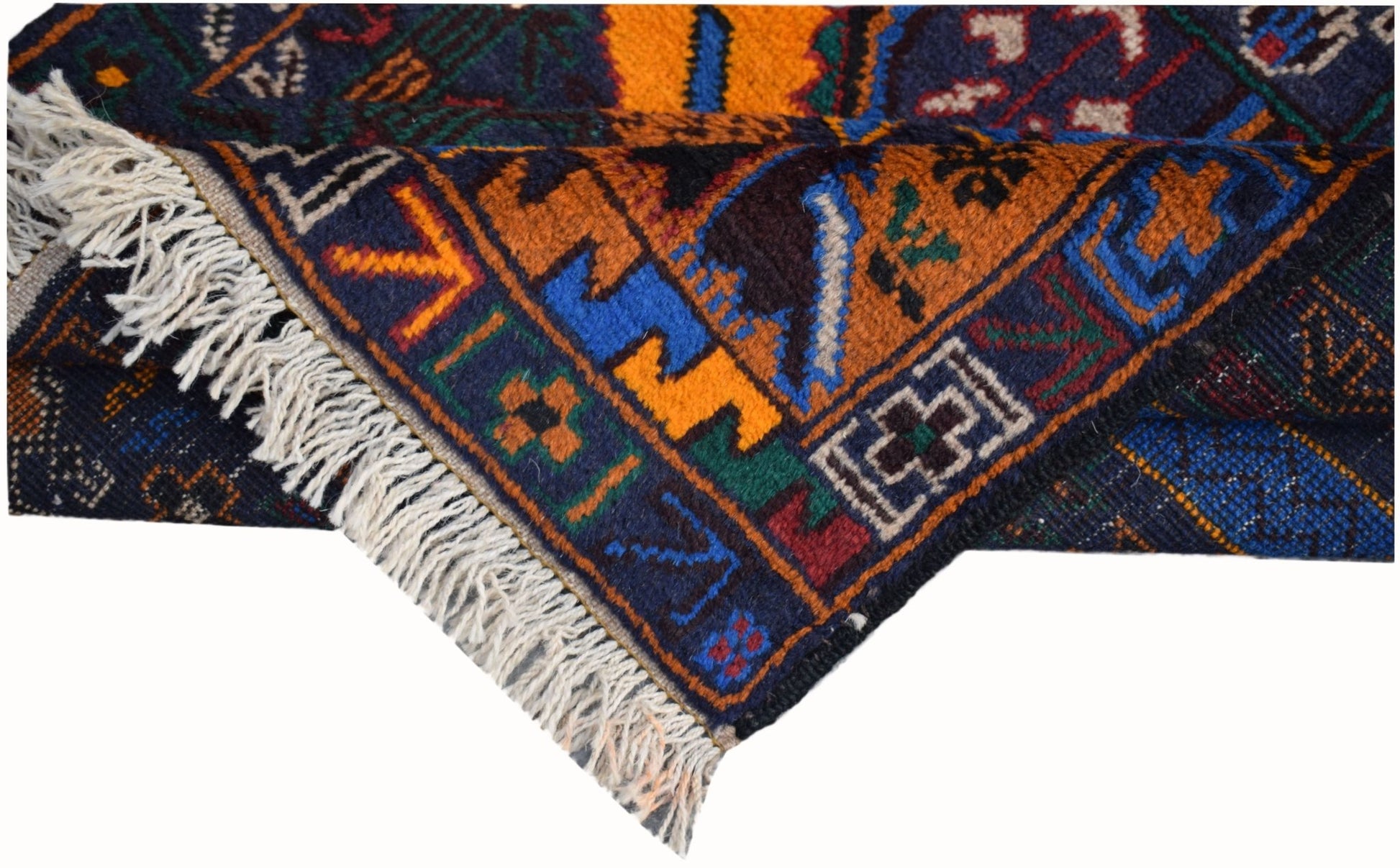 A handmade Afghan wool runner featuring a colorful geometric hunting scene and tasseled ends.