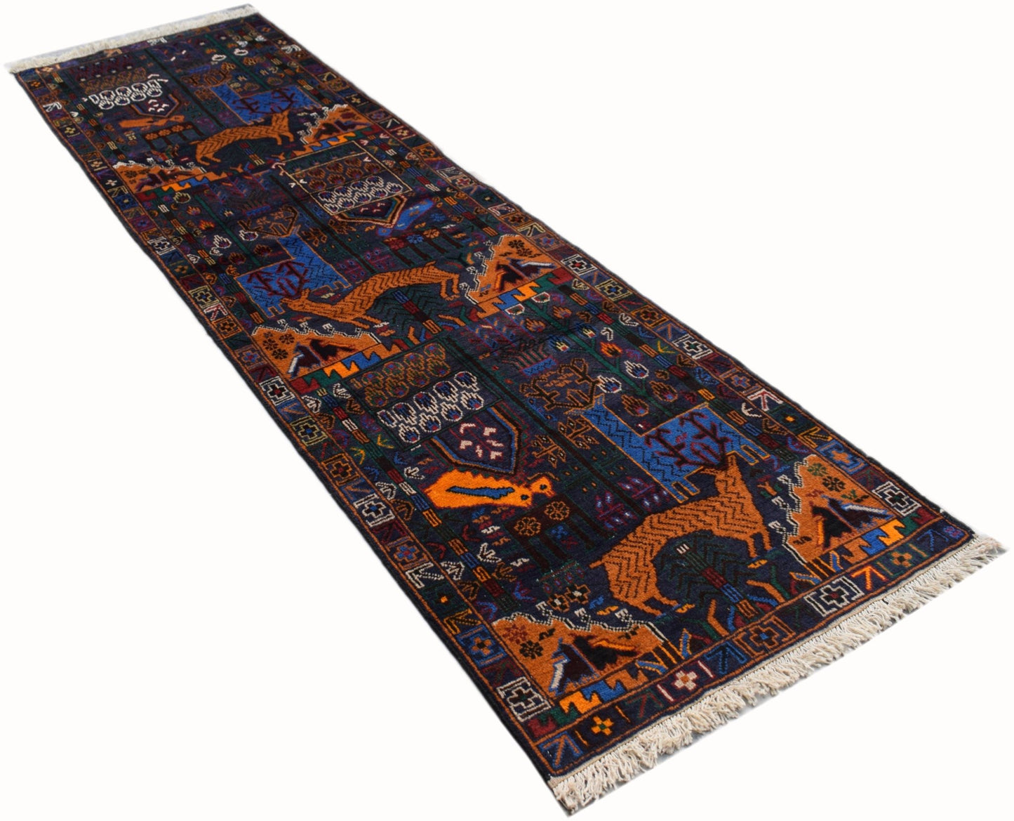 Handmade Afghan wool runner rug featuring a dark blue background with a traditional hunting scene.